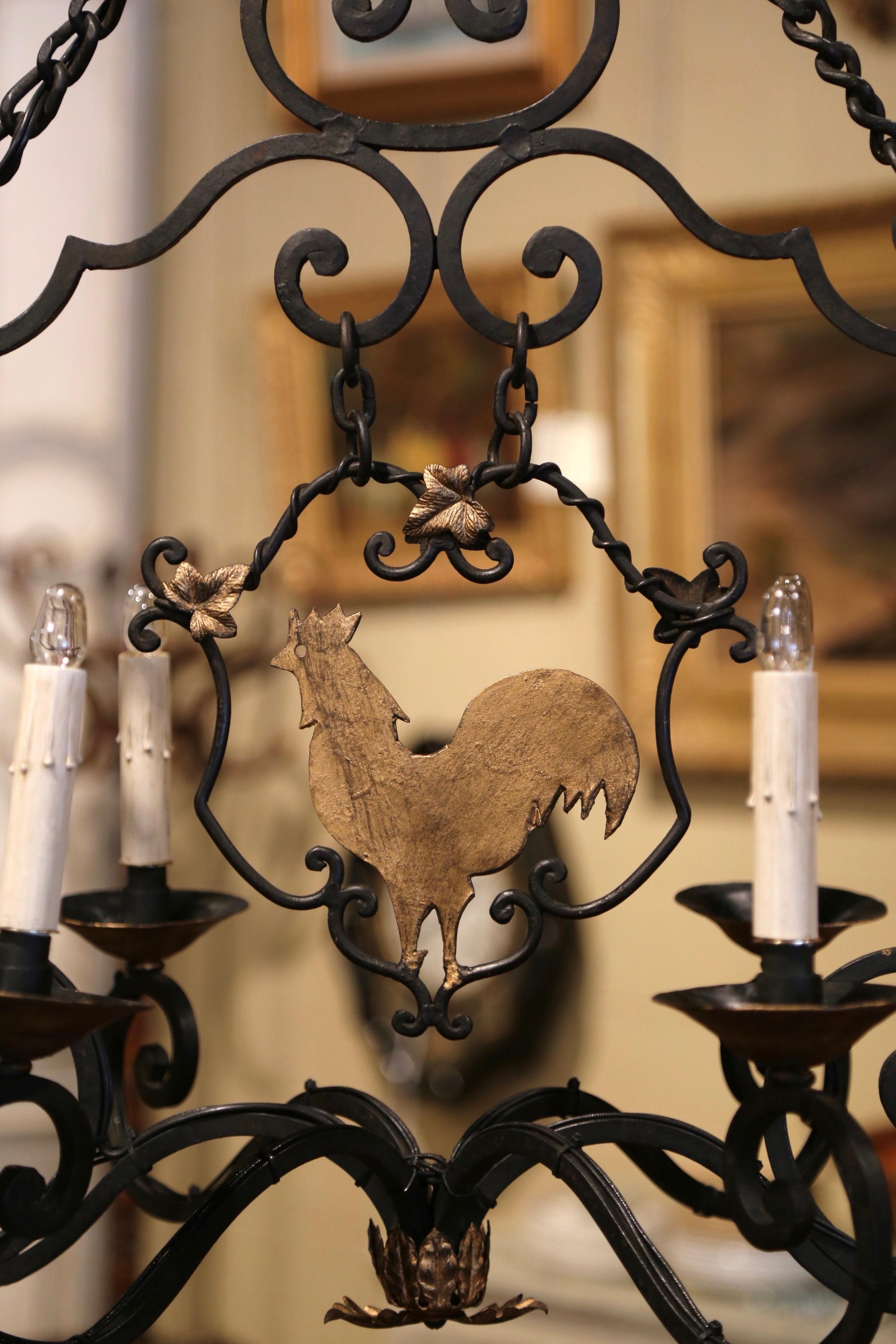 Early 20th Century French Six-Light Iron Chandelier with Center Rooster 2