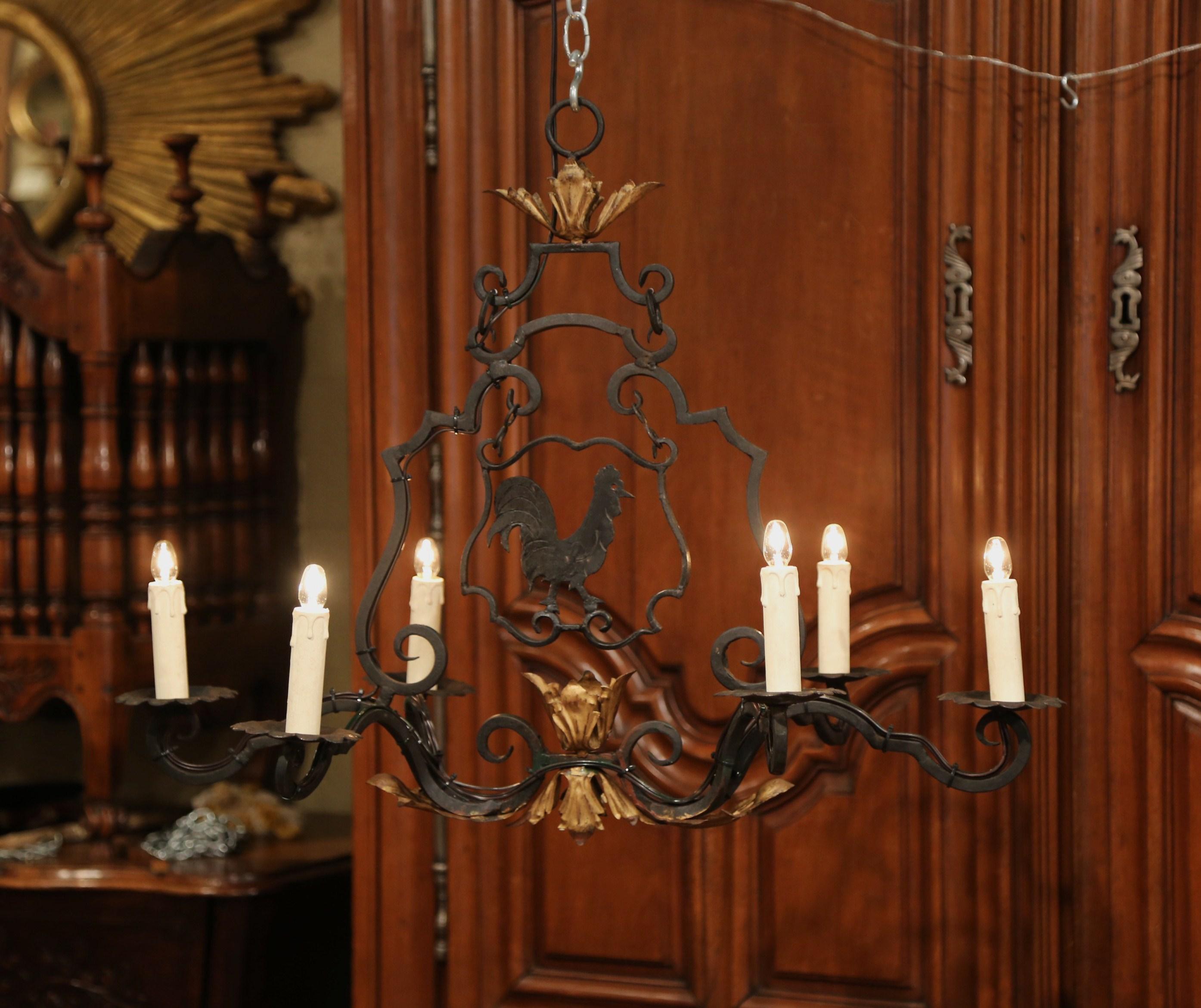 Early 20th Century French Six-Light Iron Chandelier with Center Rooster 1