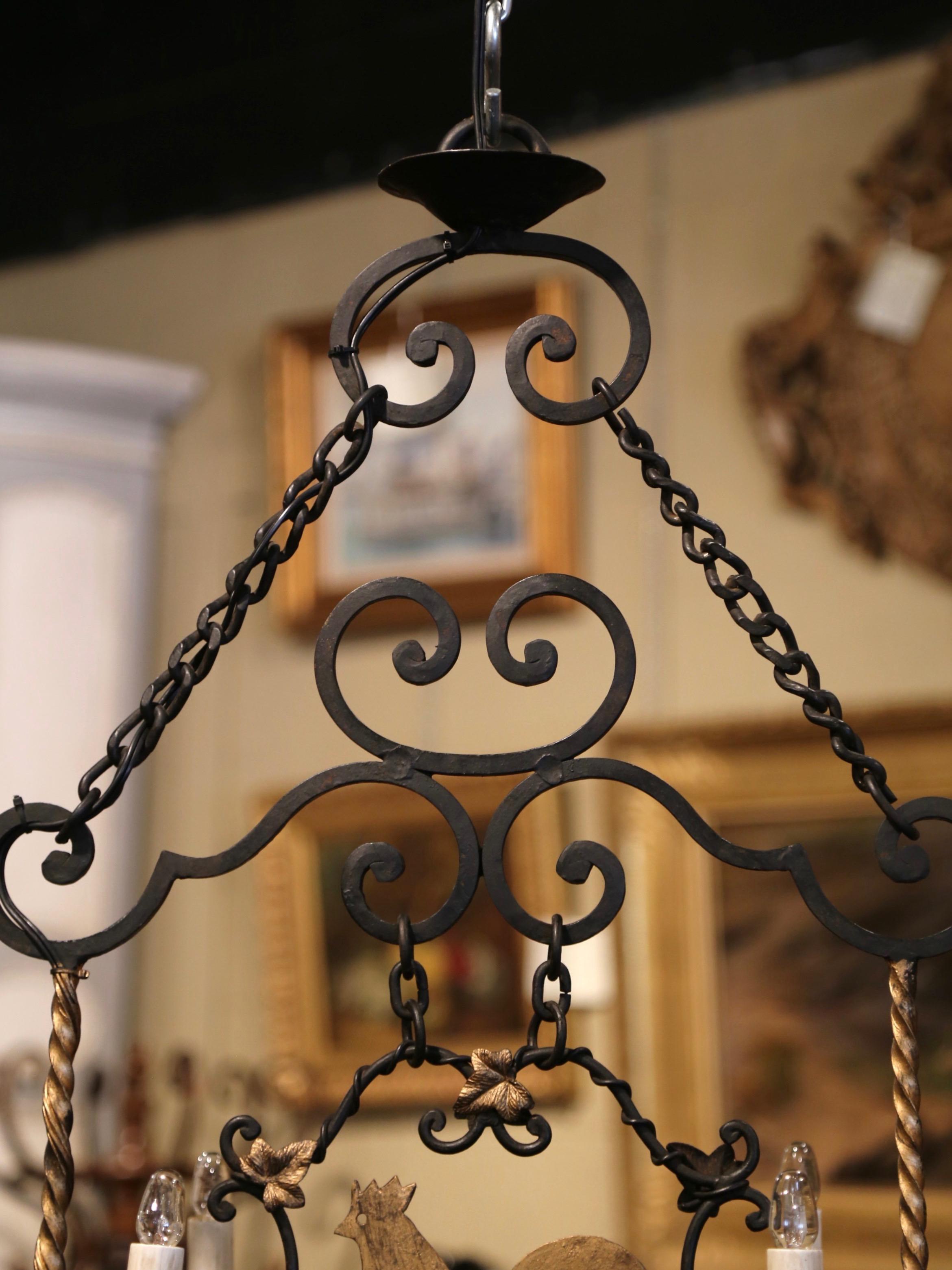 Early 20th Century French Six-Light Iron Chandelier with Center Rooster 3