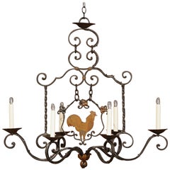 Antique Early 20th Century French Six-Light Iron Chandelier with Center Rooster