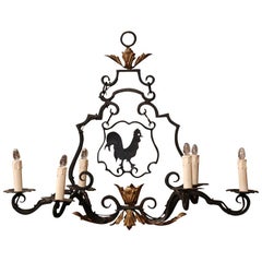 Early 20th Century French Six-Light Iron Chandelier with Center Rooster