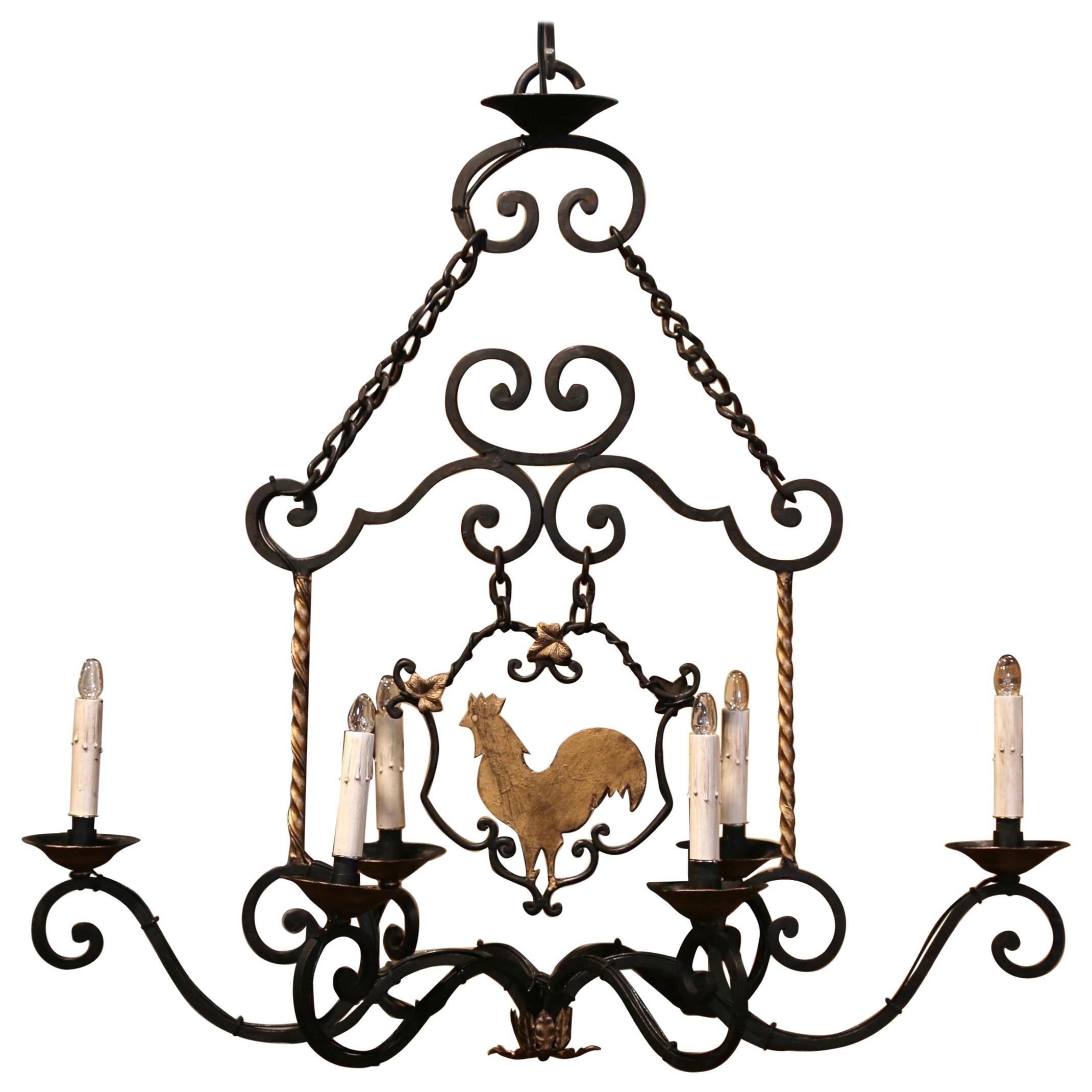 Early 20th Century French Six-Light Iron Chandelier with Center Rooster