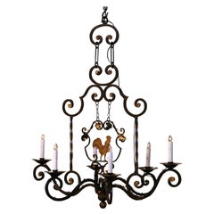 Early 20th Century French Six-Light Iron Chandelier with Center Rooster