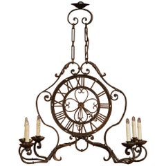Early 20th Century French Six-Light Iron Clock Chandelier with Original Finish