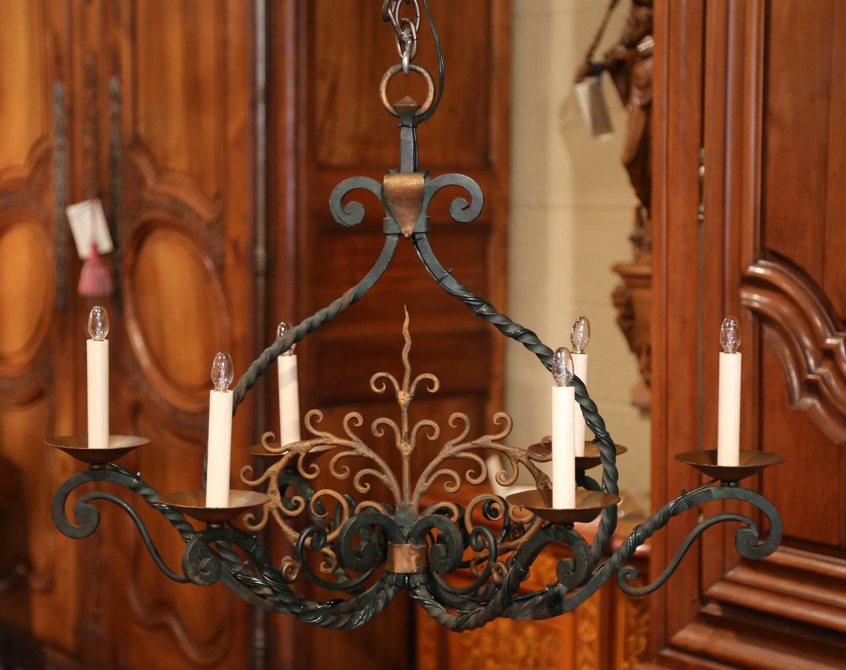 Early 20th Century French Iron Verdigris and Gilt Accent Six-Light Chandelier In Excellent Condition In Dallas, TX