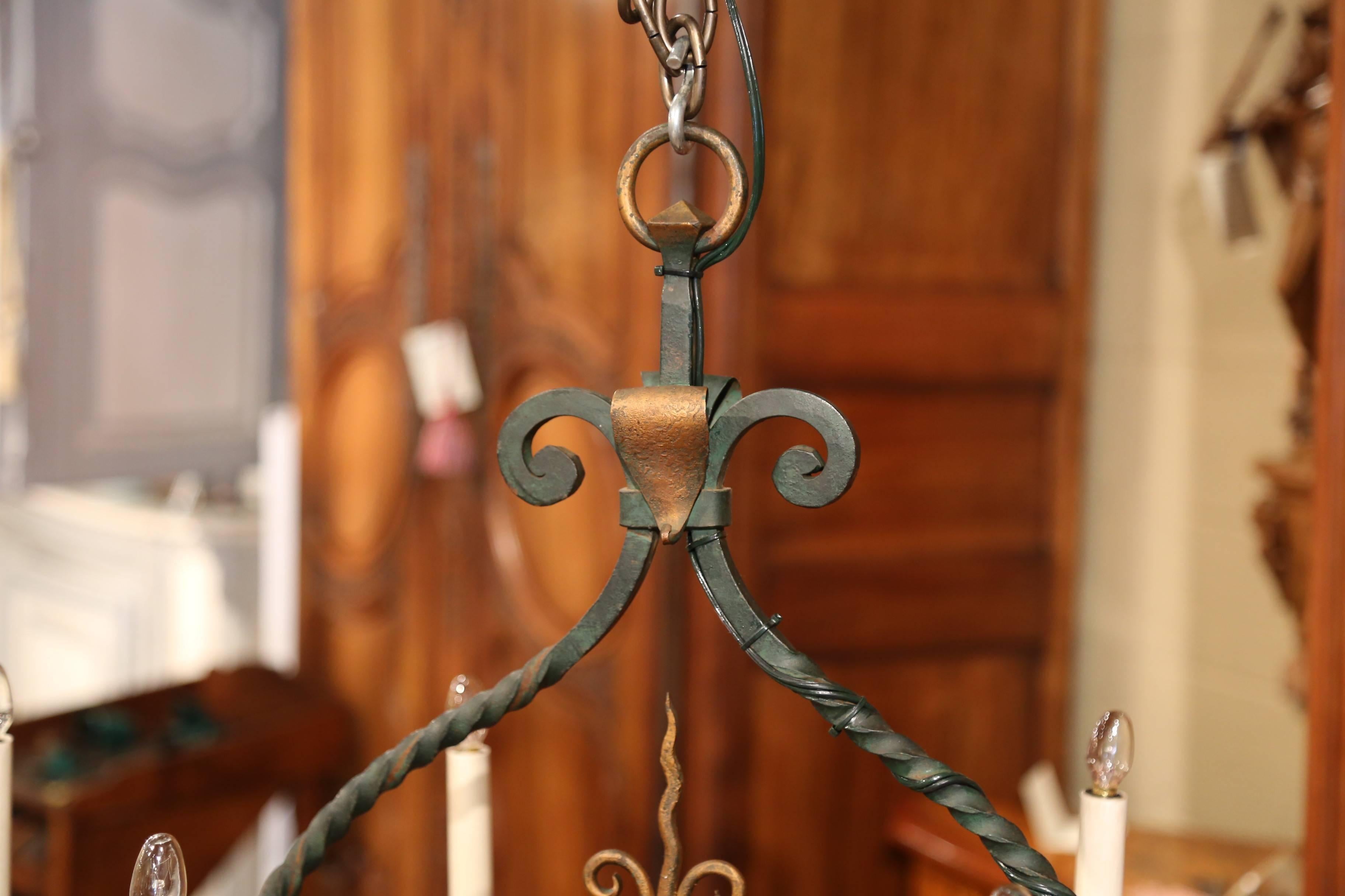 Early 20th Century French Iron Verdigris and Gilt Accent Six-Light Chandelier 2