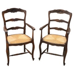 Early 20th Century French Solid Beech Wood Set of Two Armchairs with Straw Seat