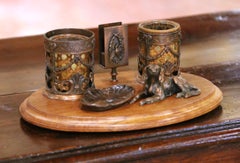 Early 20th Century French Spelter and Walnut Desk Garniture Set