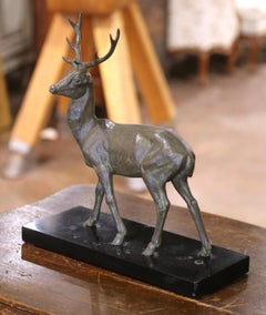 Early 20th Century French Spelter Stag Sculpture on Marble Base Signed M. Leducq