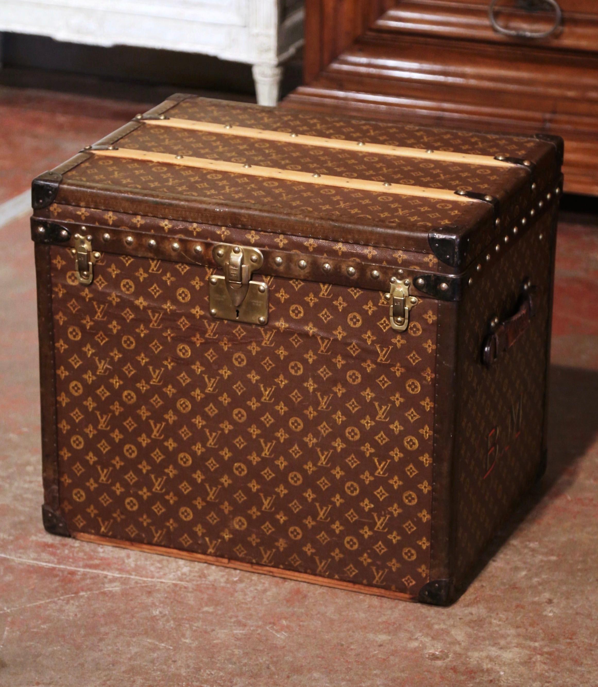 Brass Early 20th Century French Stencil and Monogram Louis Vuitton Leather Hat Trunk
