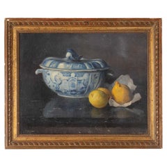 Early 20th Century French Still Life Painting of a Blue and White Tureen and Lem