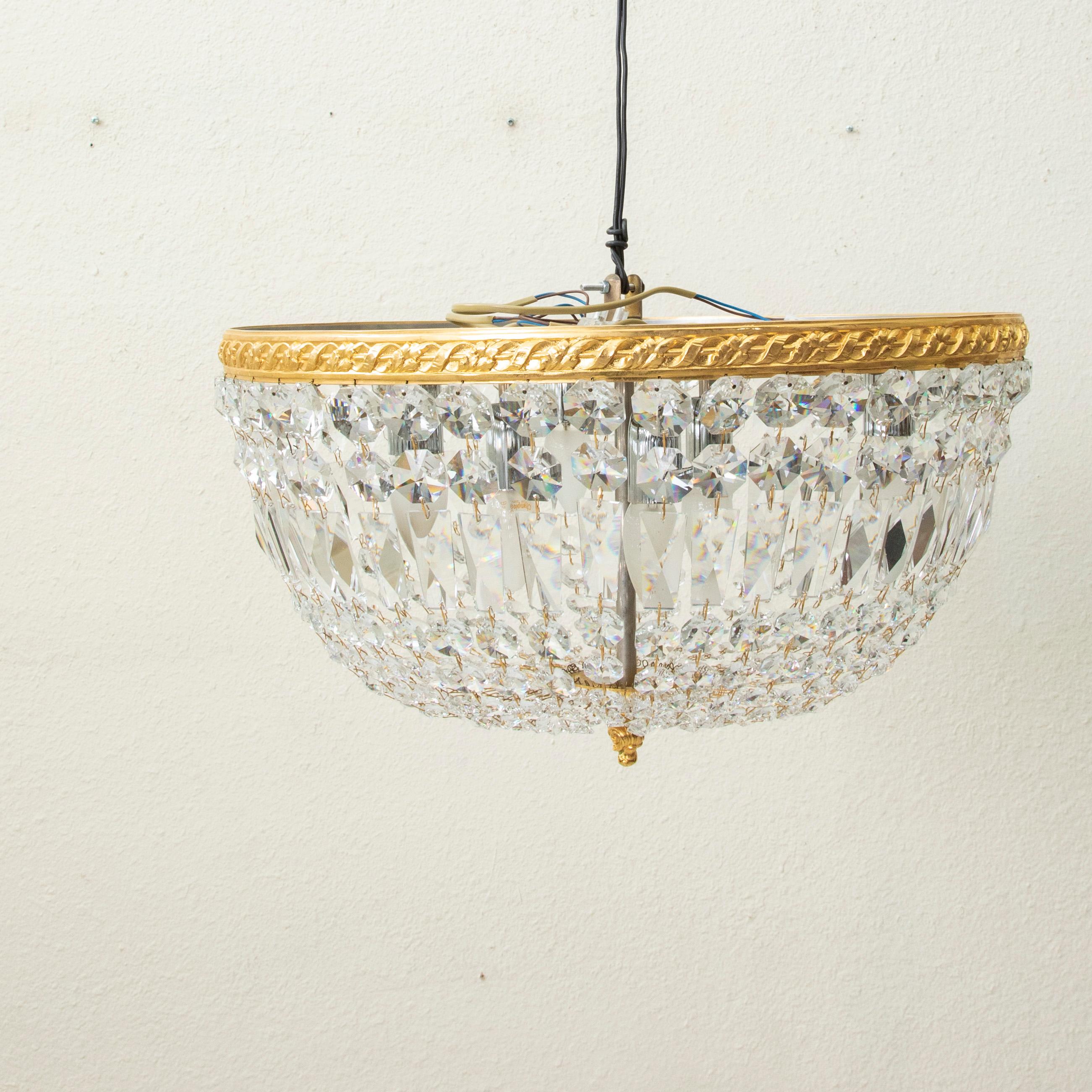 Early 20th Century French Strass Crystal and Brass Flush Mount Chandelier In Good Condition For Sale In Fayetteville, AR