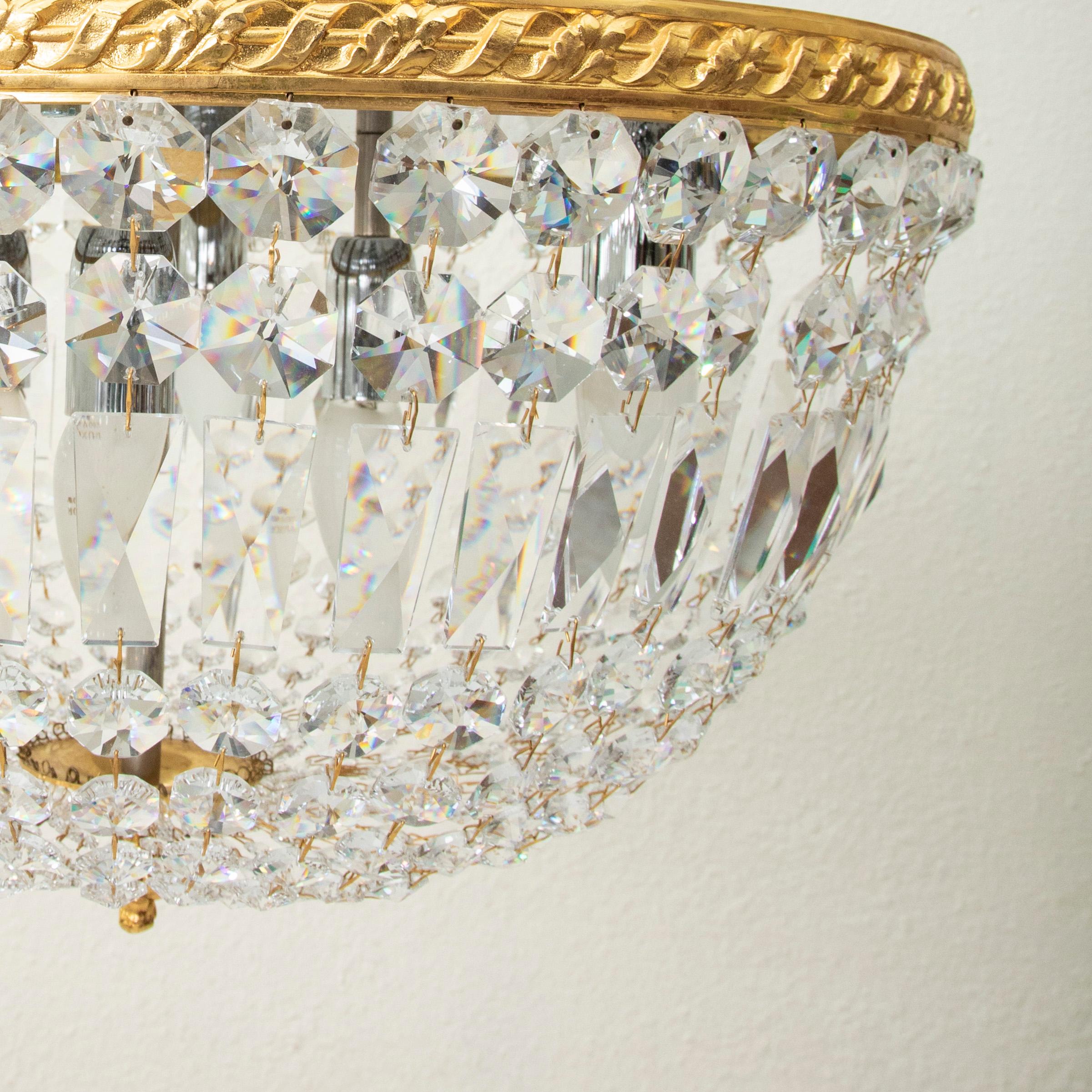 Early 20th Century French Strass Crystal and Brass Flush Mount Chandelier For Sale 1
