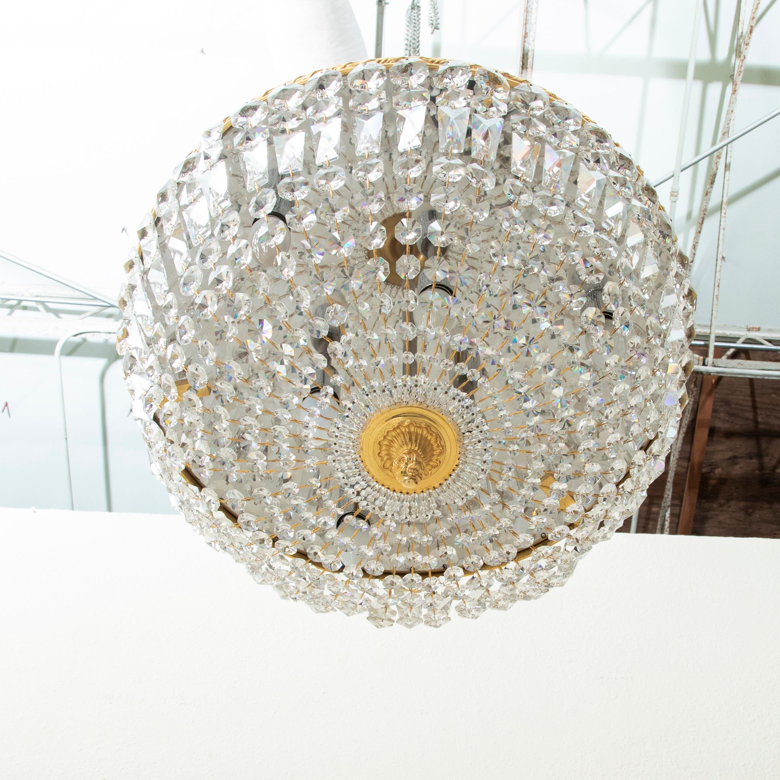 Early 20th Century French Strass Crystal and Brass Flush Mount Chandelier For Sale 2