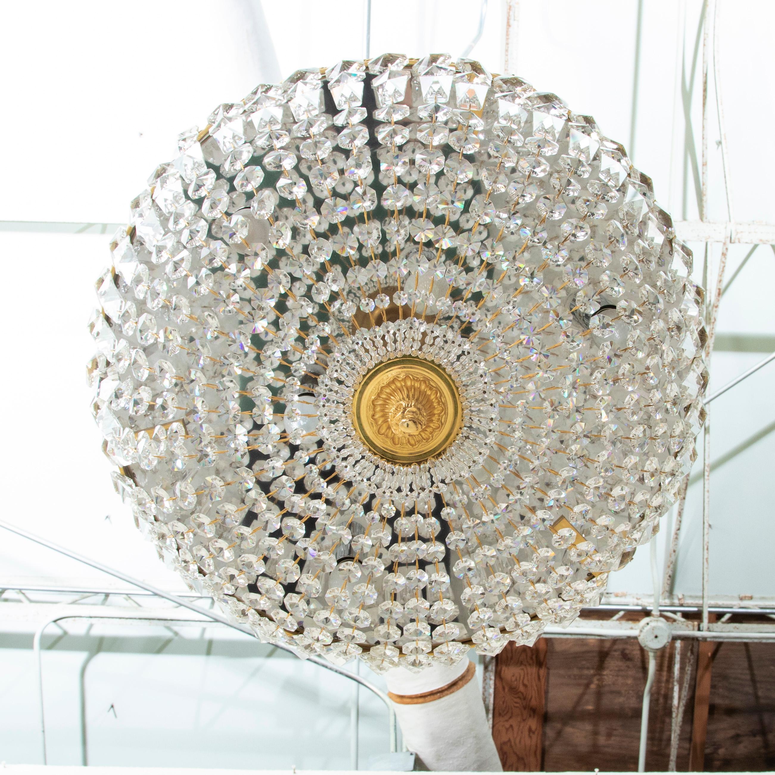 Early 20th Century French Strass Crystal and Brass Flush Mount Chandelier For Sale 3