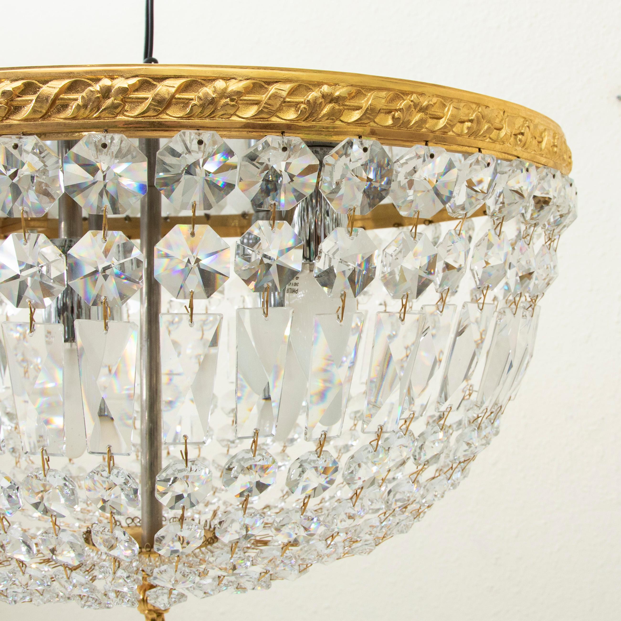 Early 20th Century French Strass Crystal and Brass Flush Mount Chandelier For Sale 4