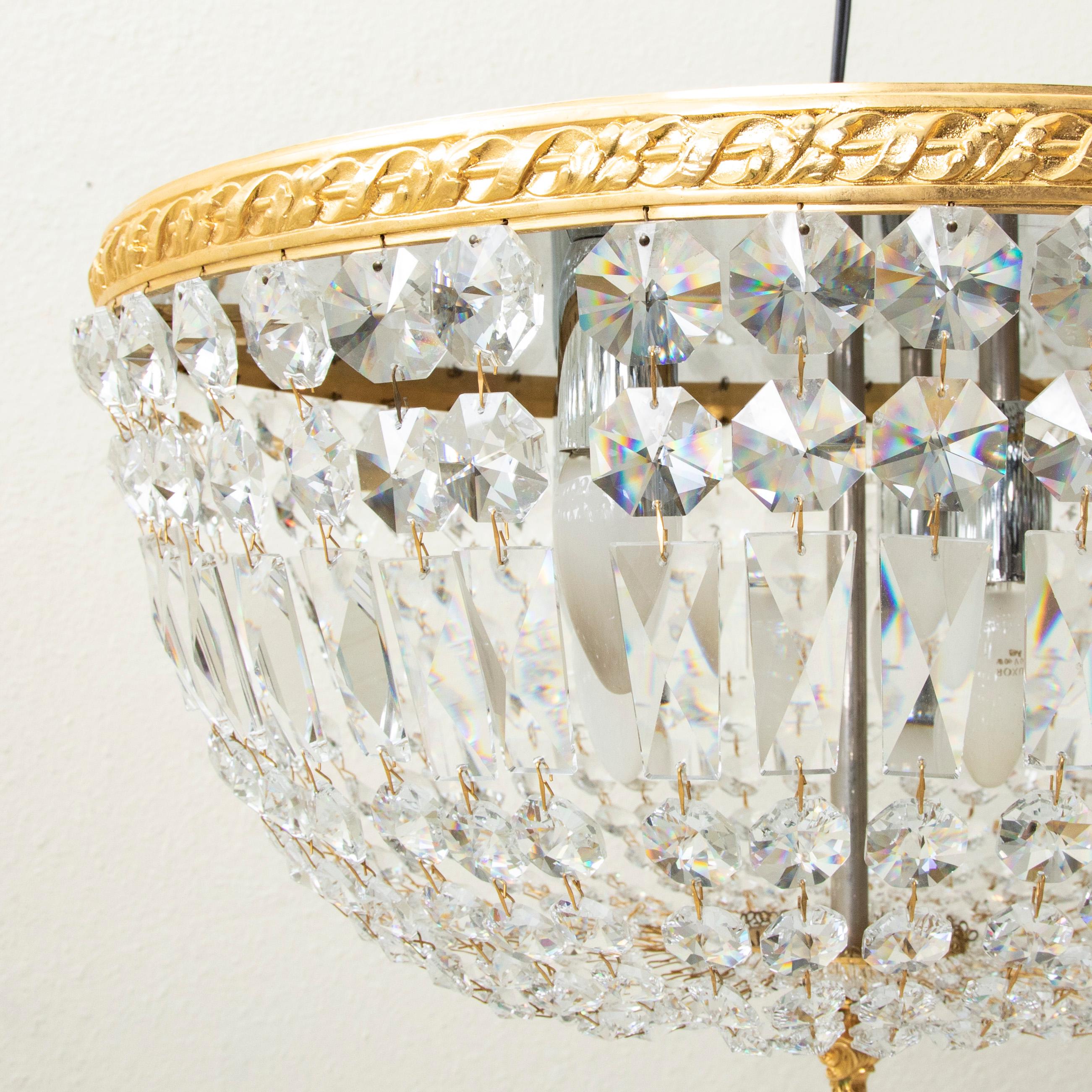 Early 20th Century French Strass Crystal and Brass Flush Mount Chandelier For Sale 5