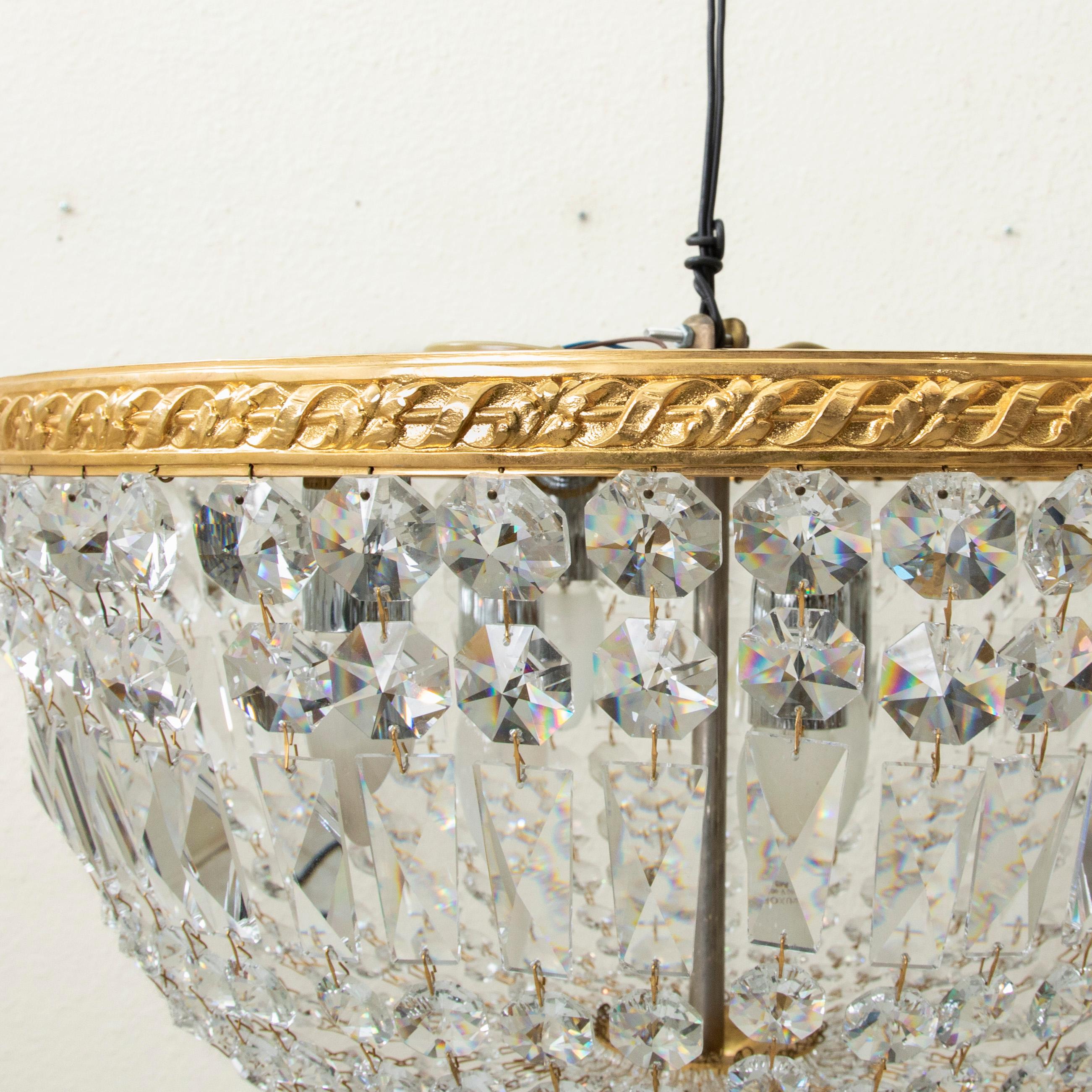 Early 20th Century French Strass Crystal and Brass Flush Mount Chandelier For Sale 6