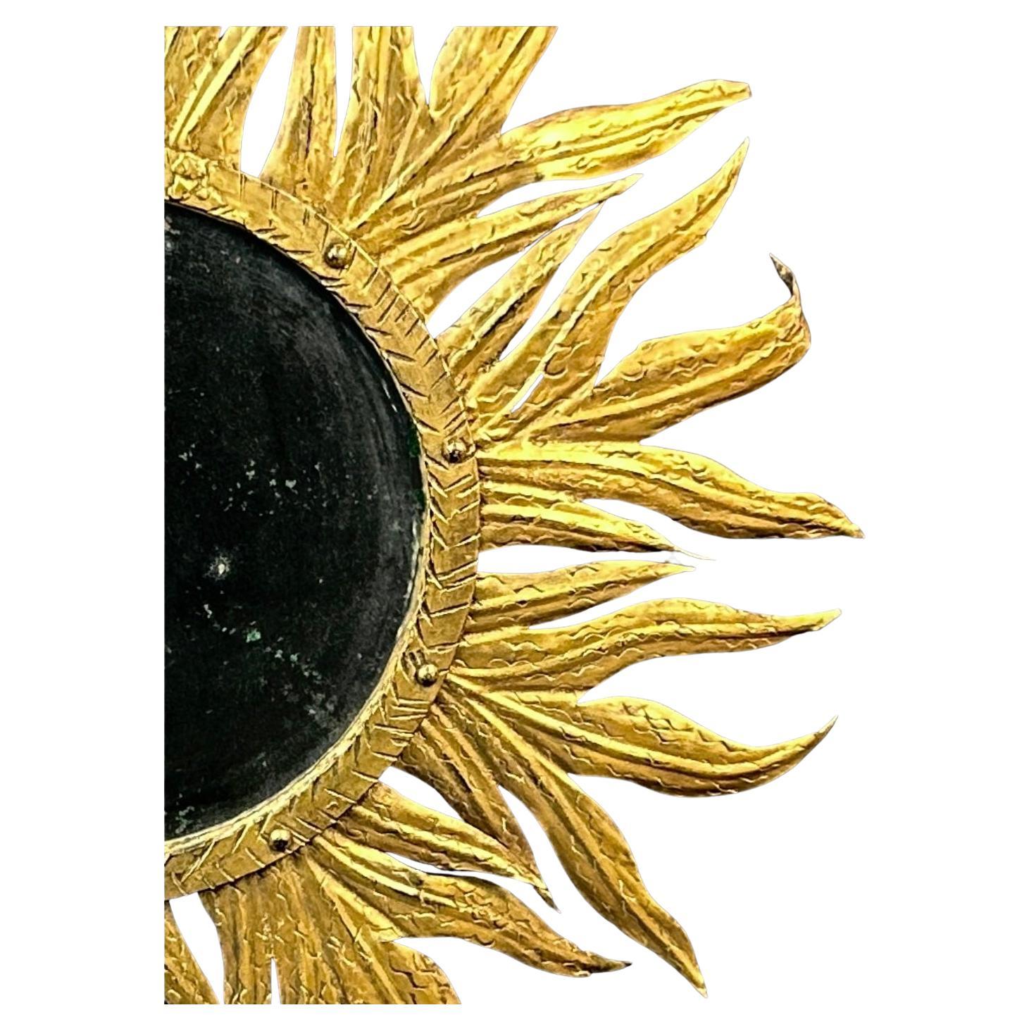 French Provincial Mid- 20th Century French Sunburst Gold Gilt Metal Wall Mirror For Sale