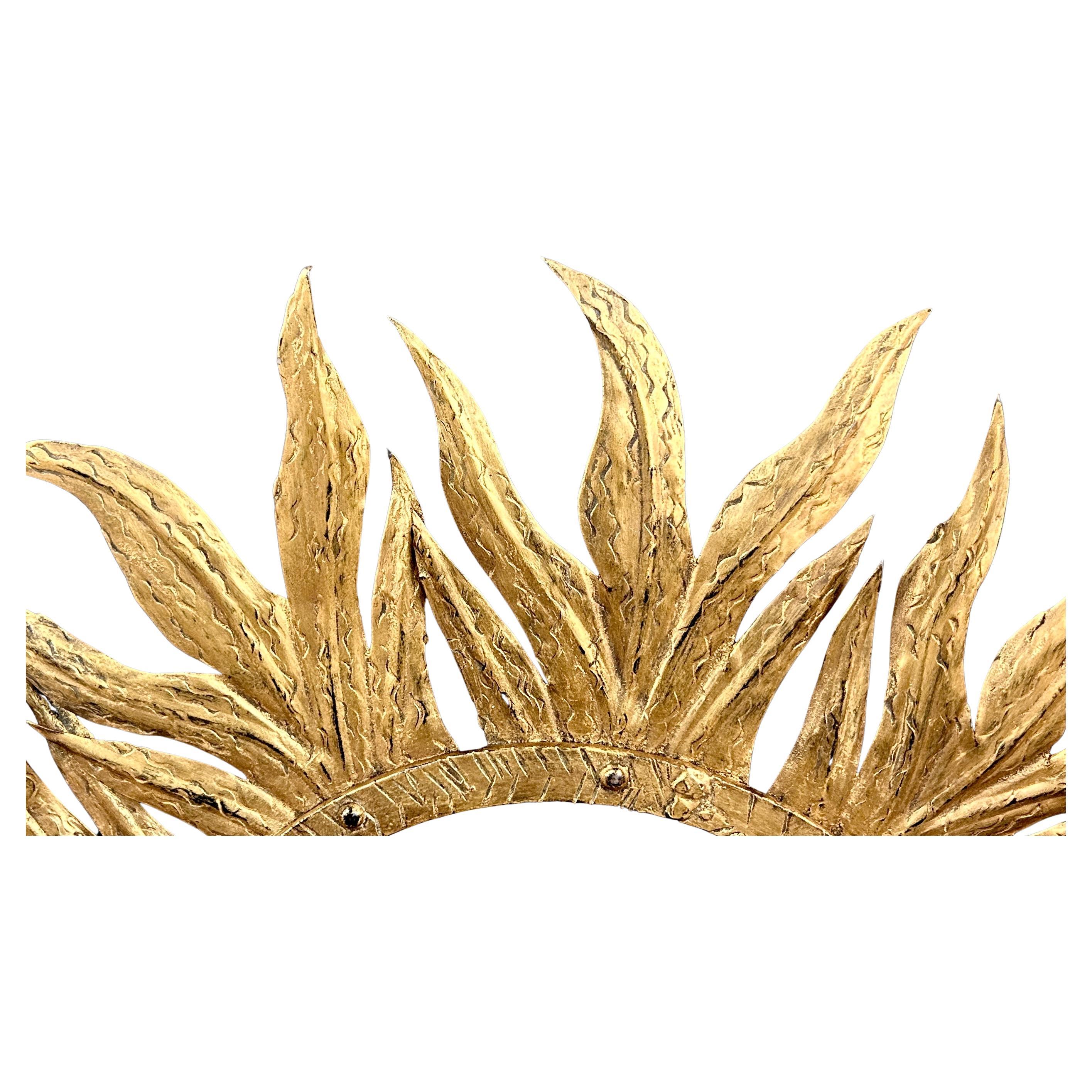 Mid- 20th Century French Sunburst Gold Gilt Metal Wall Mirror In Good Condition For Sale In Bradenton, FL