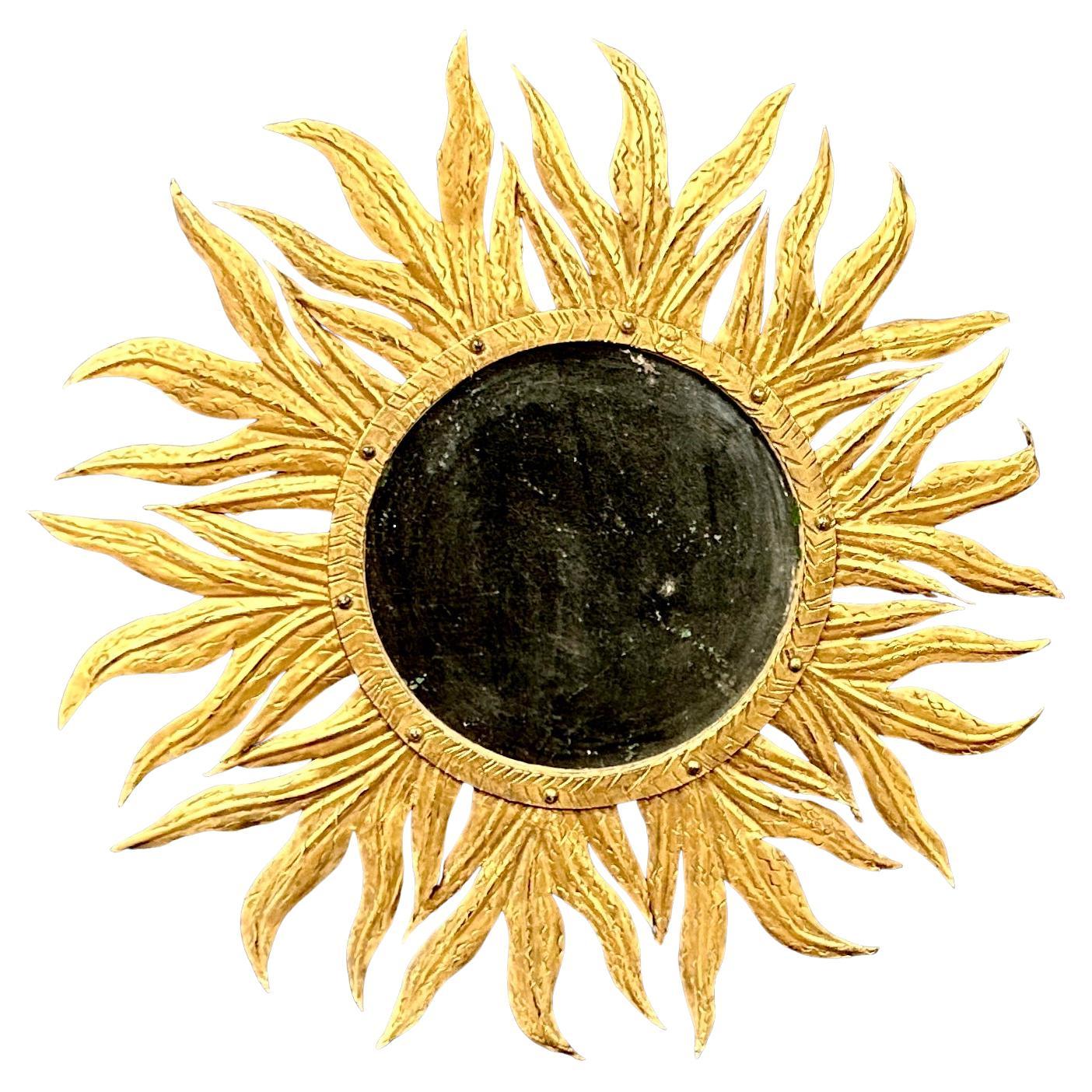 Mid- 20th Century French Sunburst Gold Gilt Metal Wall Mirror For Sale 1