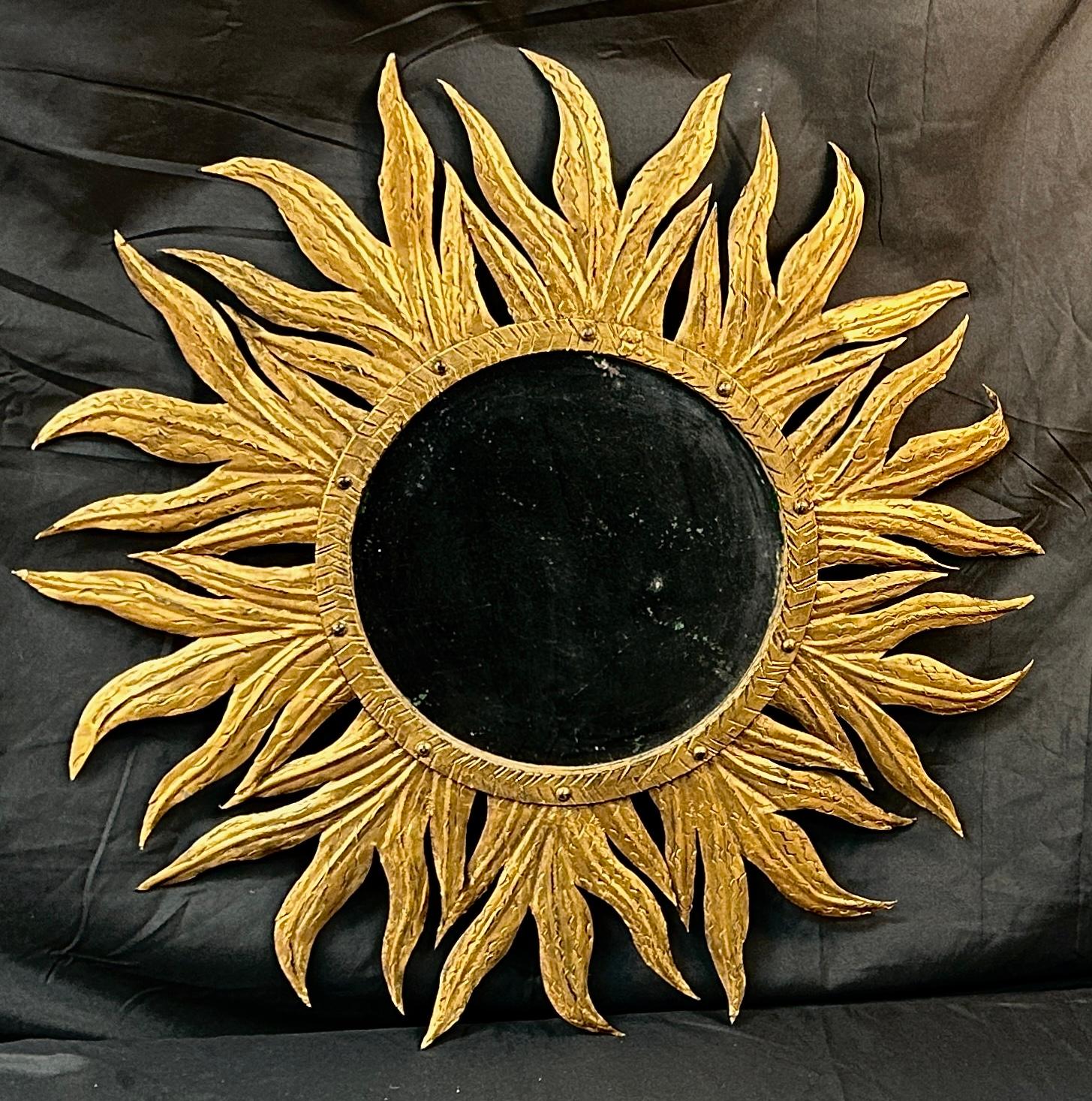 Mid- 20th Century French Sunburst Gold Gilt Metal Wall Mirror For Sale 3