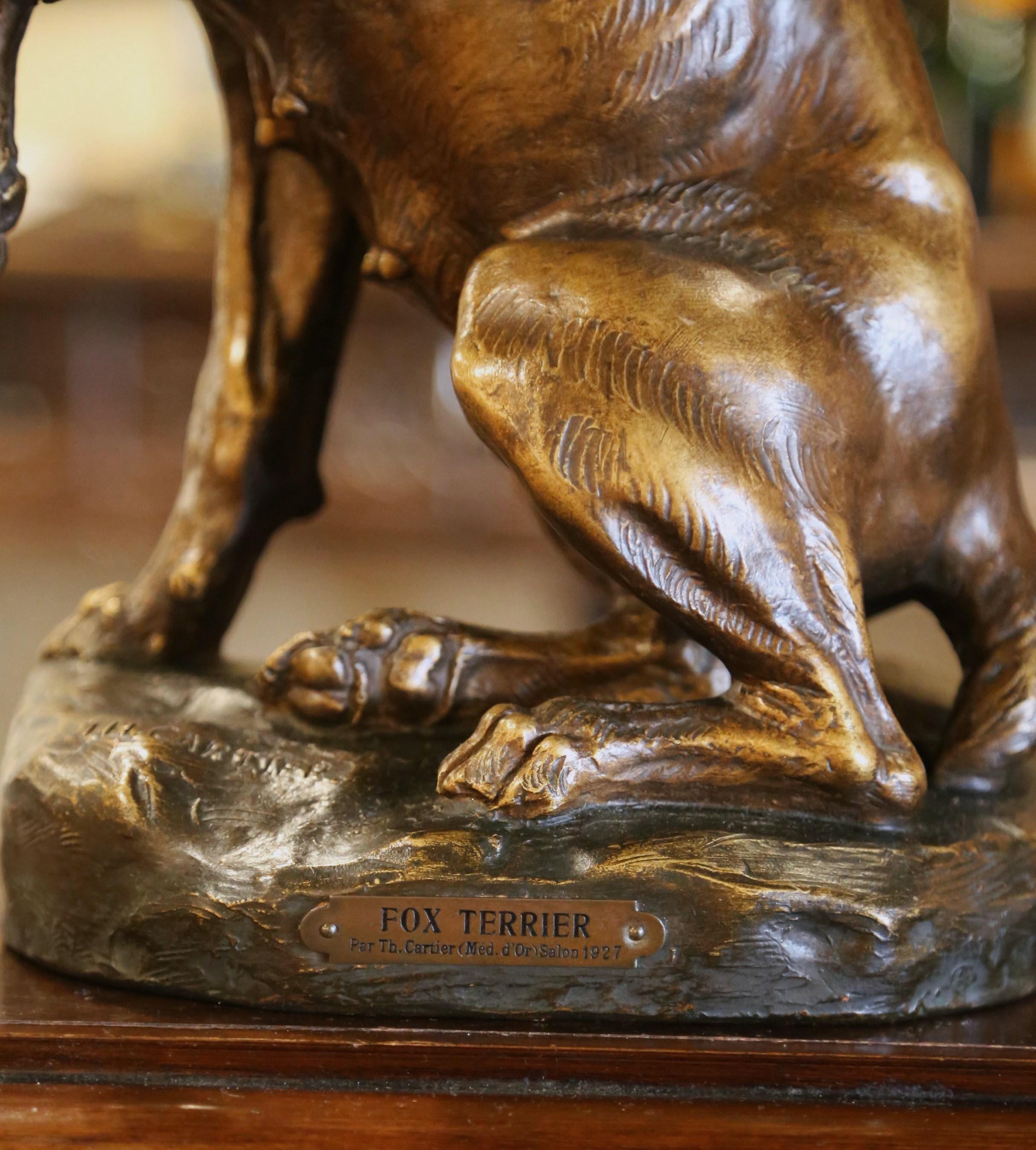 Hand-Crafted Early 20th Century French Terracotta Fox Terrier Sculpture Signed T. Cartier For Sale
