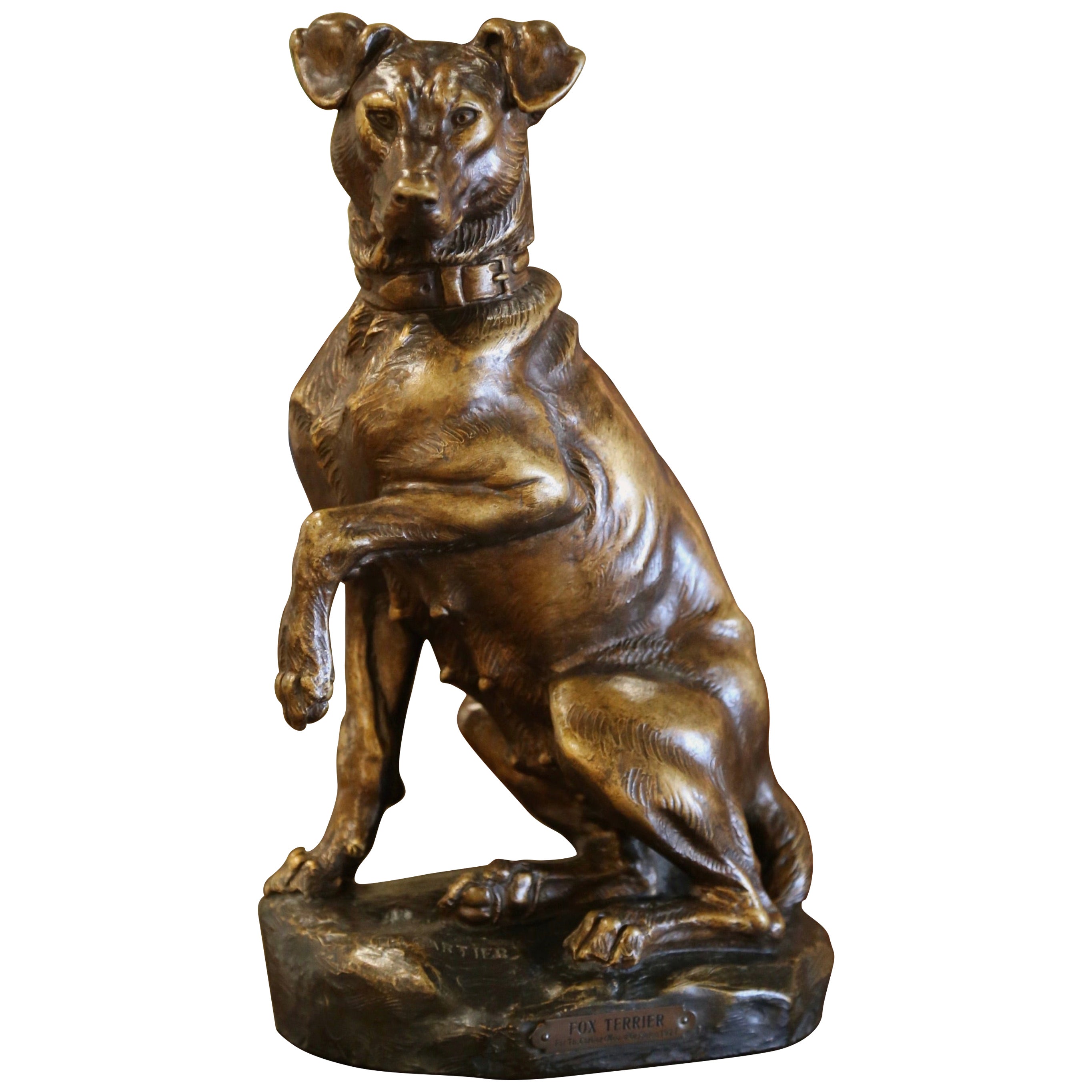 Scultura in terracotta francese del 20th Century Fox Terrier firmata T. Cartier in vendita