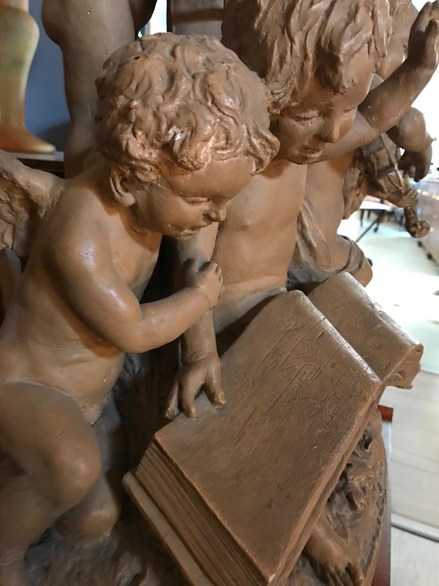 Early 20th Century French Terracotta Musician Angels Statue Signed Delaspre For Sale 3