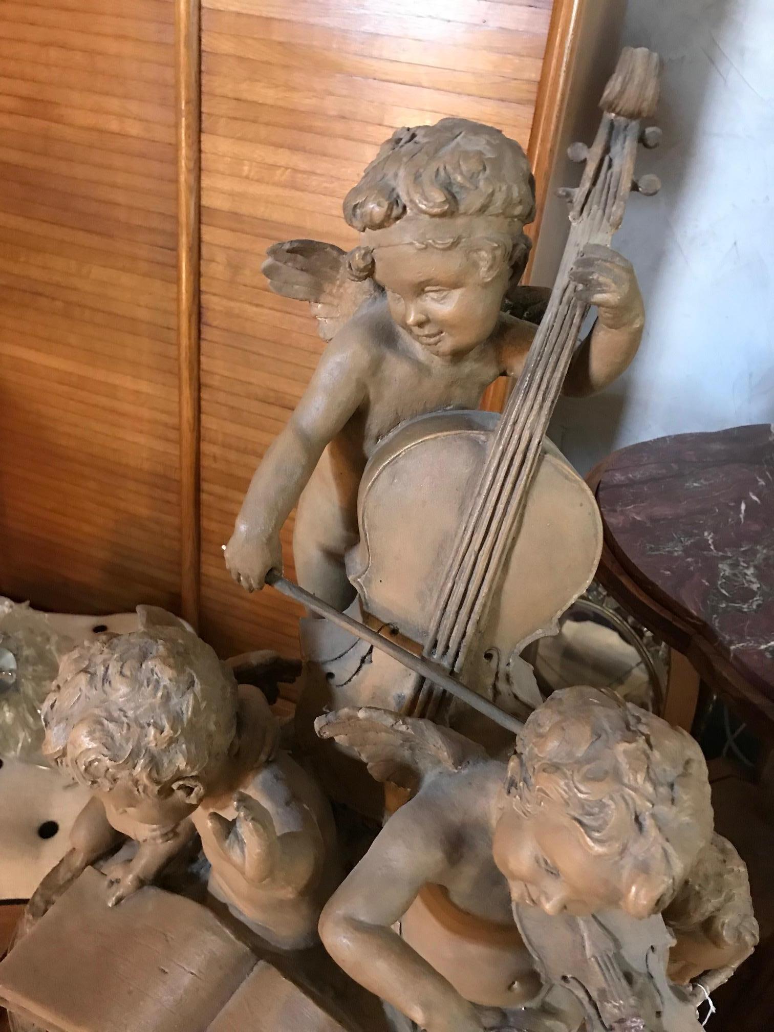 Early 20th Century French Terracotta Musician Angels Statue Signed Delaspre For Sale 4