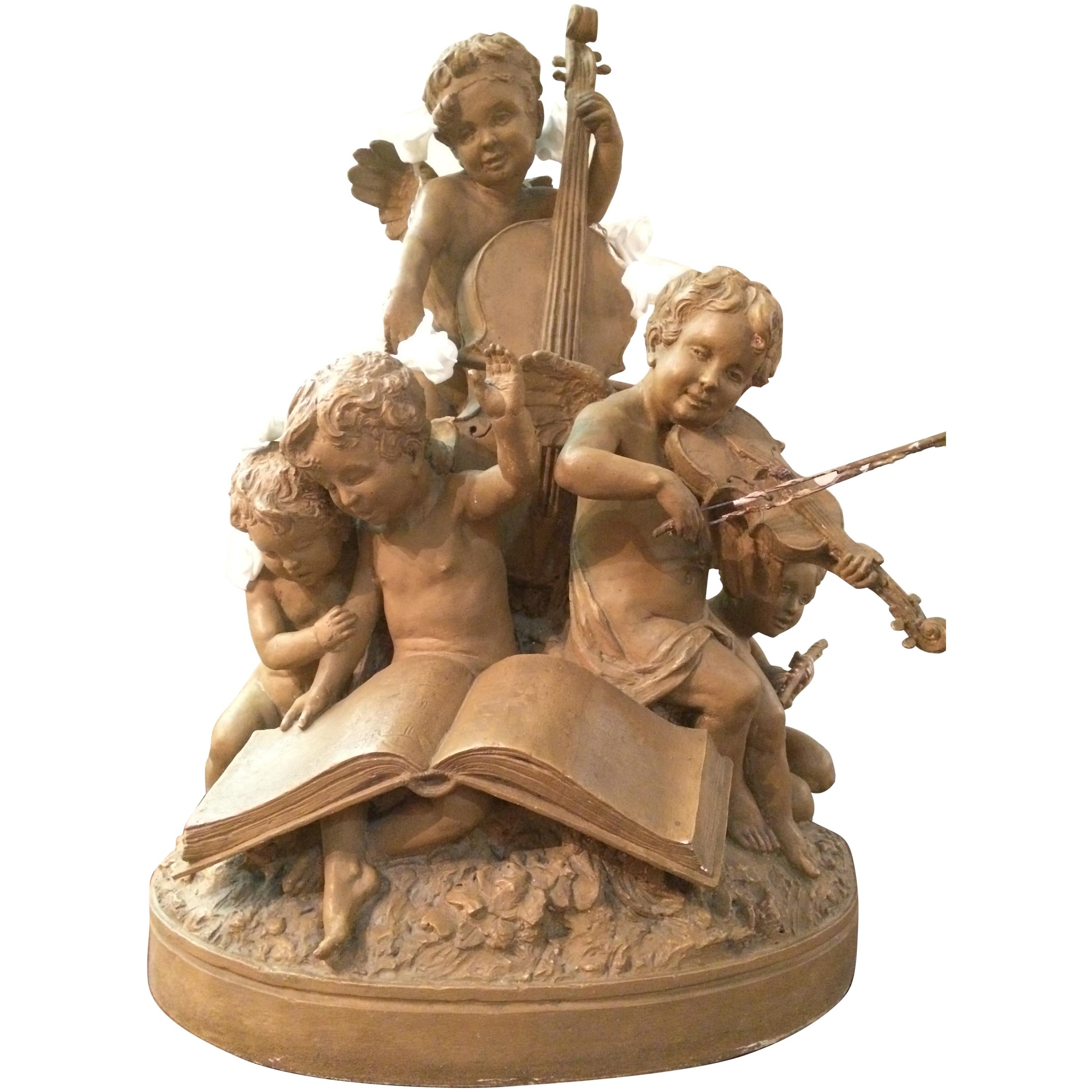 Early 20th Century French Terracotta Musician Angels Statue Signed Delaspre