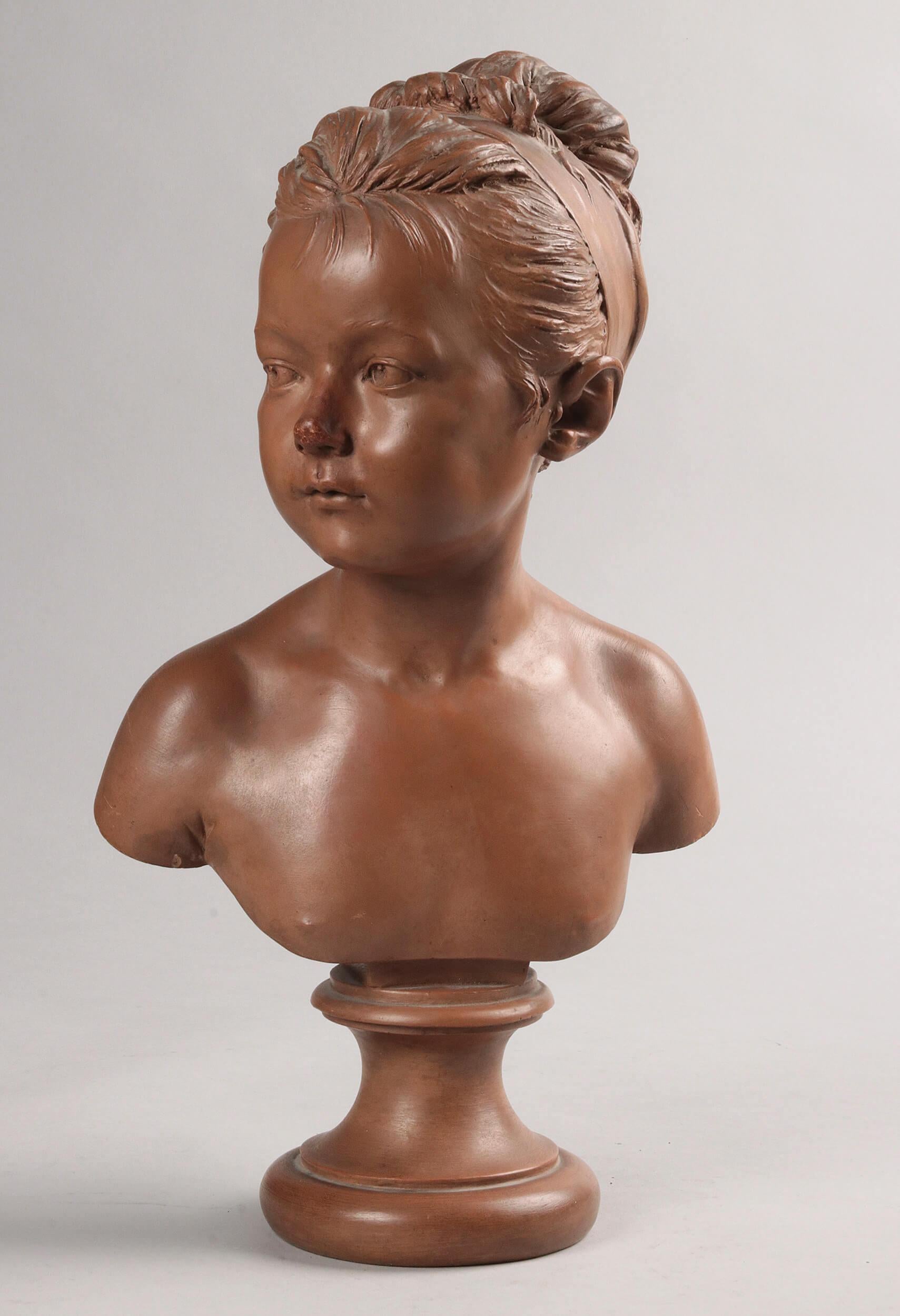 Handmade terracotta bust of a girl, signed by the artist K. Angel. This statue is made in France in the beginning of the 20th century, 1900-1910. The bust is in good condition, no cracks or restorations. It have a nice old patina. 

This bust in