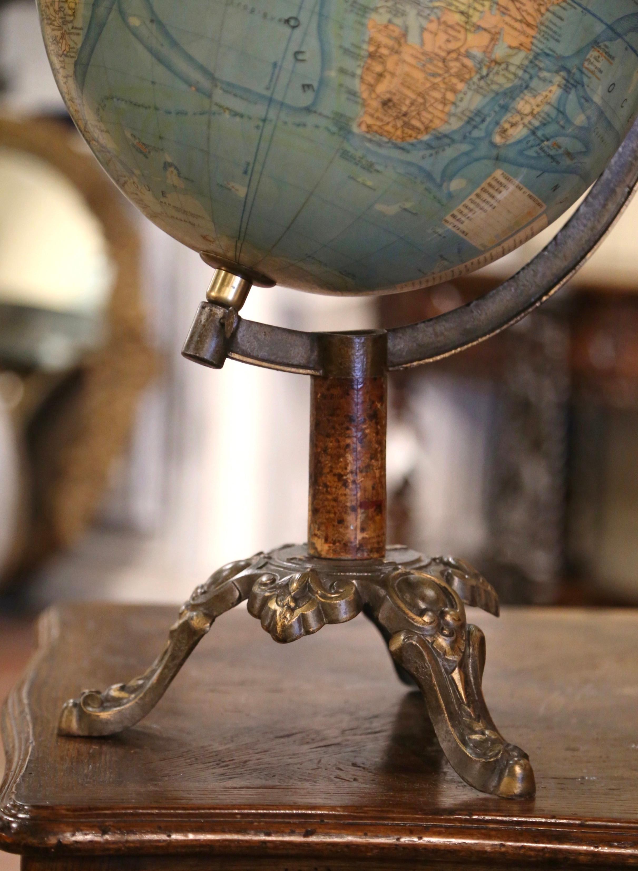 Hand-Carved Early 20th Century French Terrestrial Globe on Iron Base by J. Forest, Paris For Sale