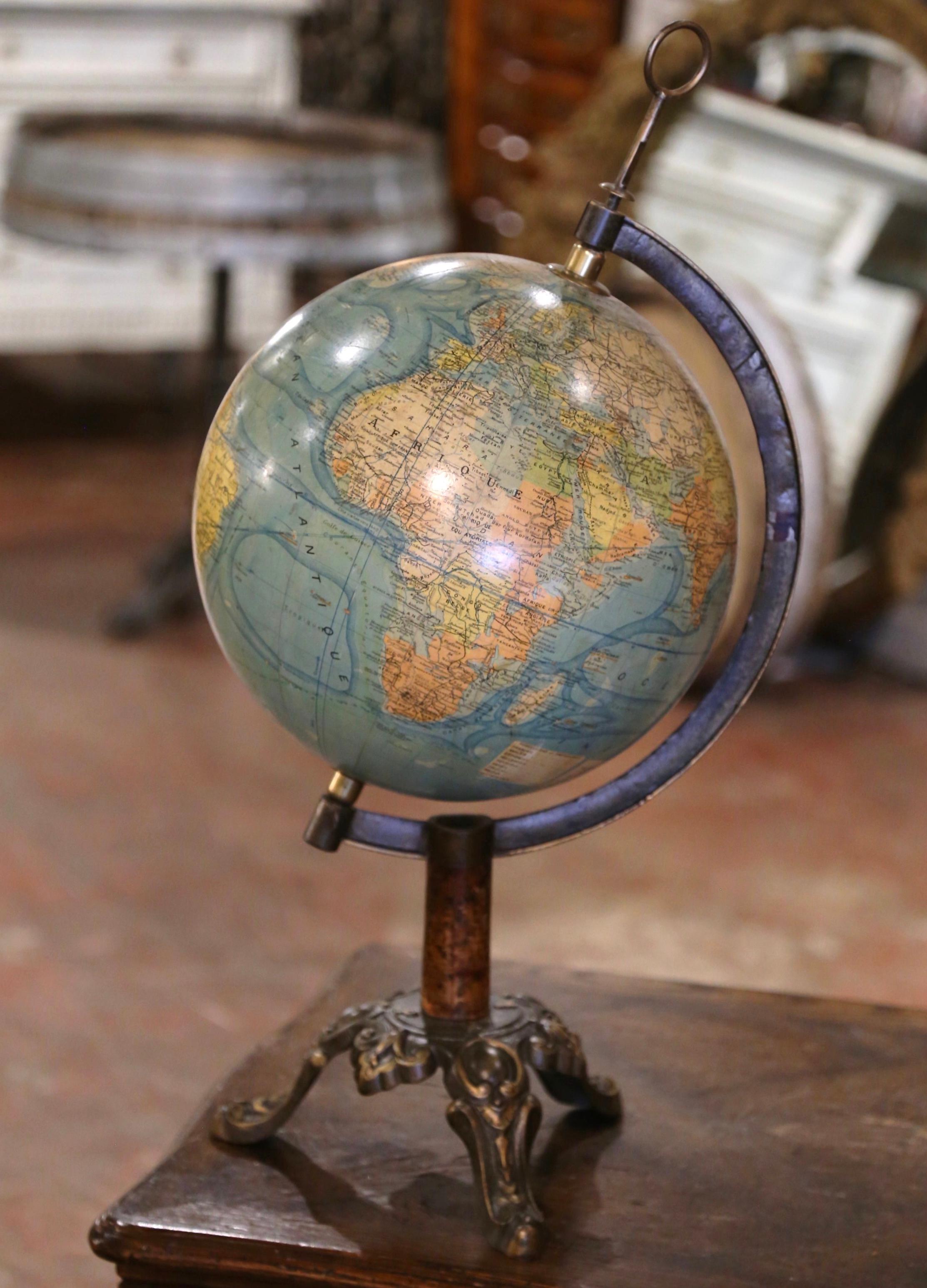 Brass Early 20th Century French Terrestrial Globe on Iron Base by J. Forest, Paris For Sale