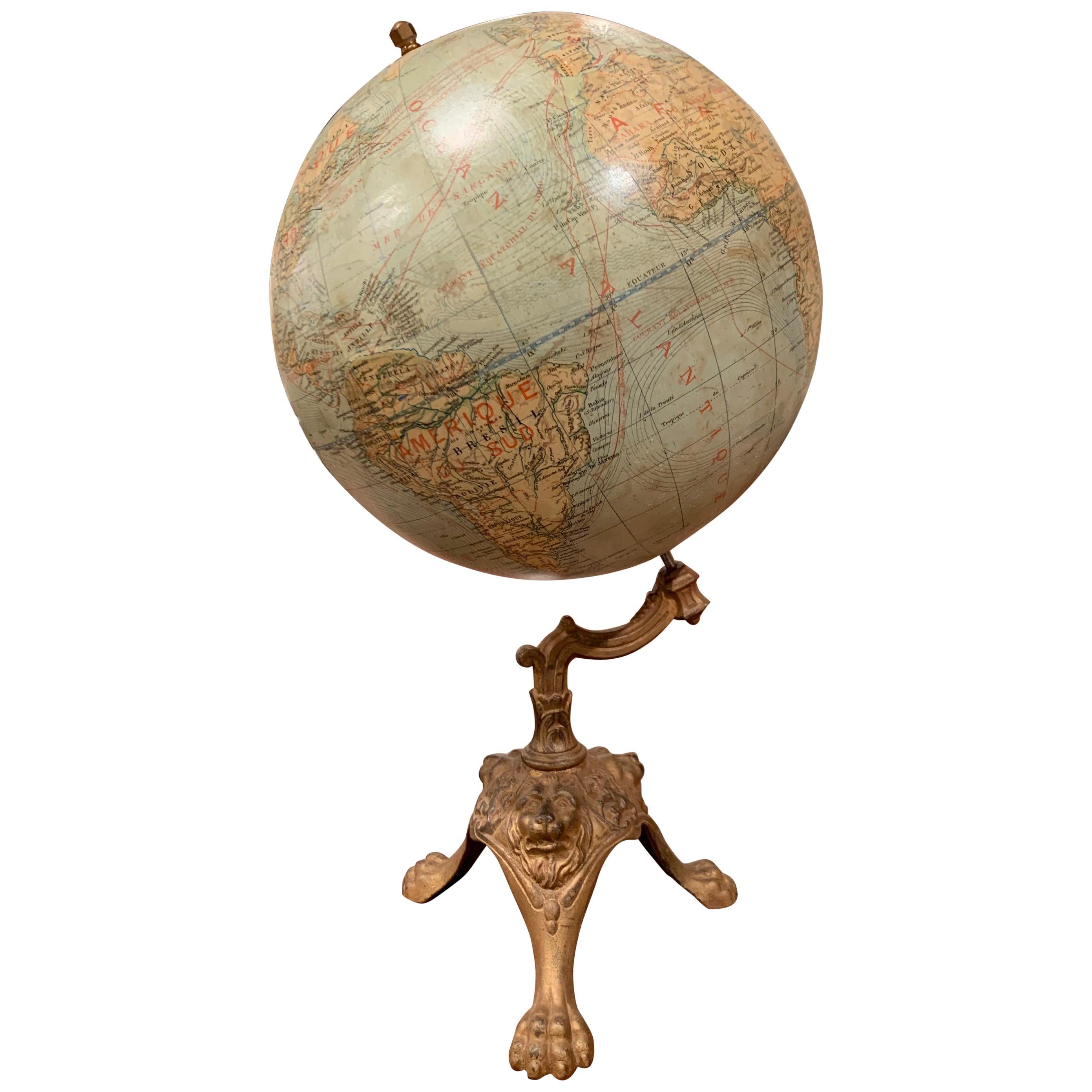 Early 20th Century French Terrestrial Globe on Iron Stand Signed A. Jeande