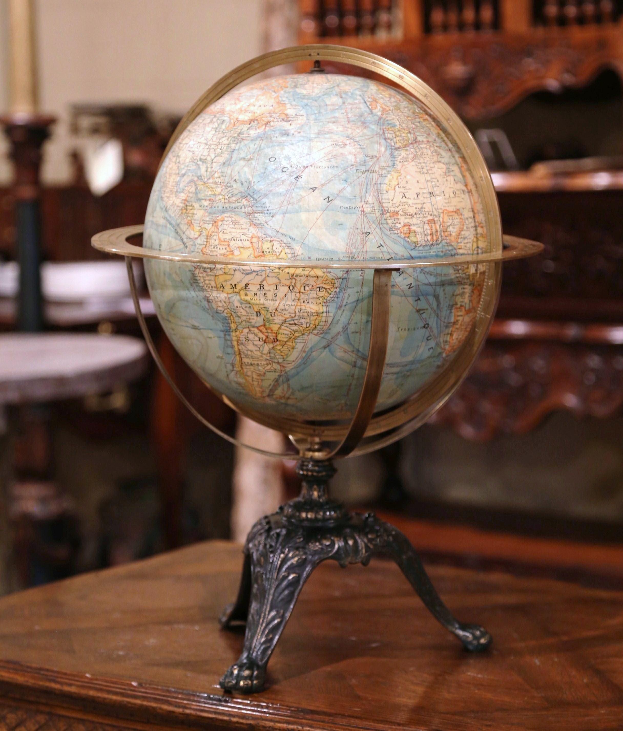 Hand-Crafted Early 20th Century French Terrestrial Globe with Brass Frame Signed Forest Paris