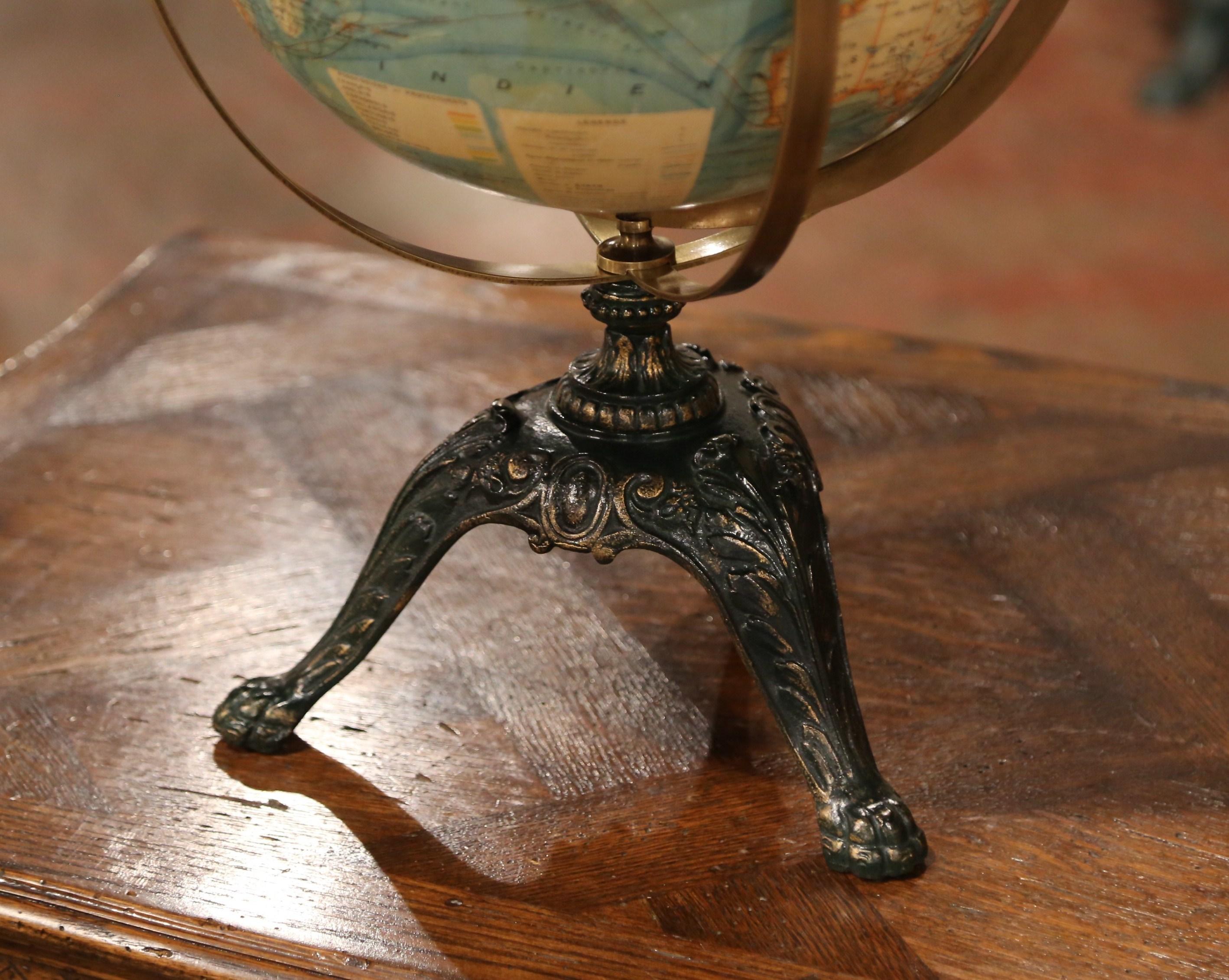 Early 20th Century French Terrestrial Globe with Brass Frame Signed Forest Paris In Excellent Condition In Dallas, TX