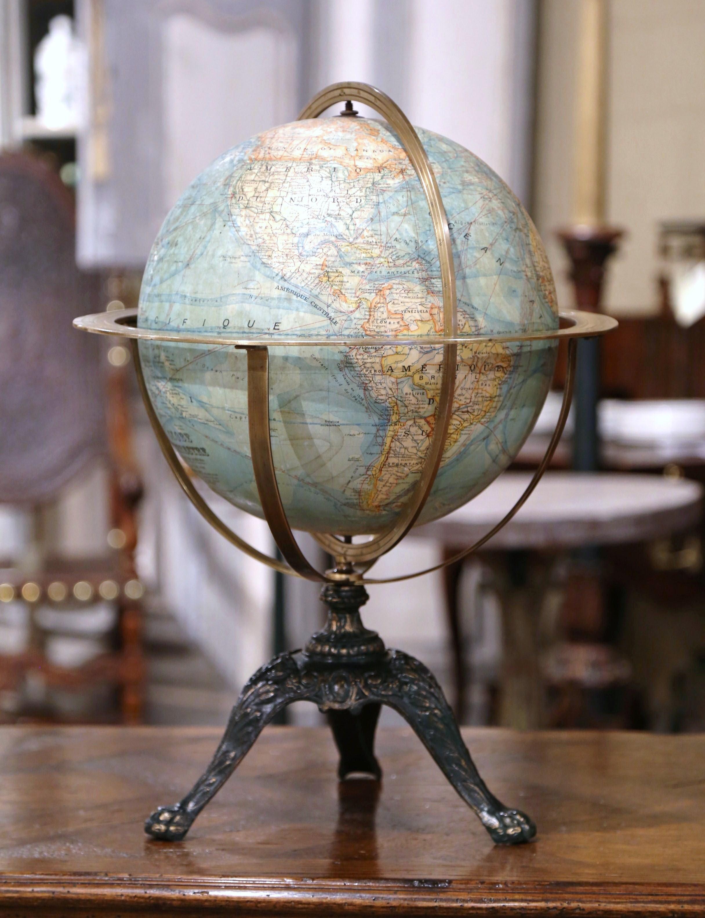 Early 20th Century French Terrestrial Globe with Brass Frame Signed Forest Paris 1