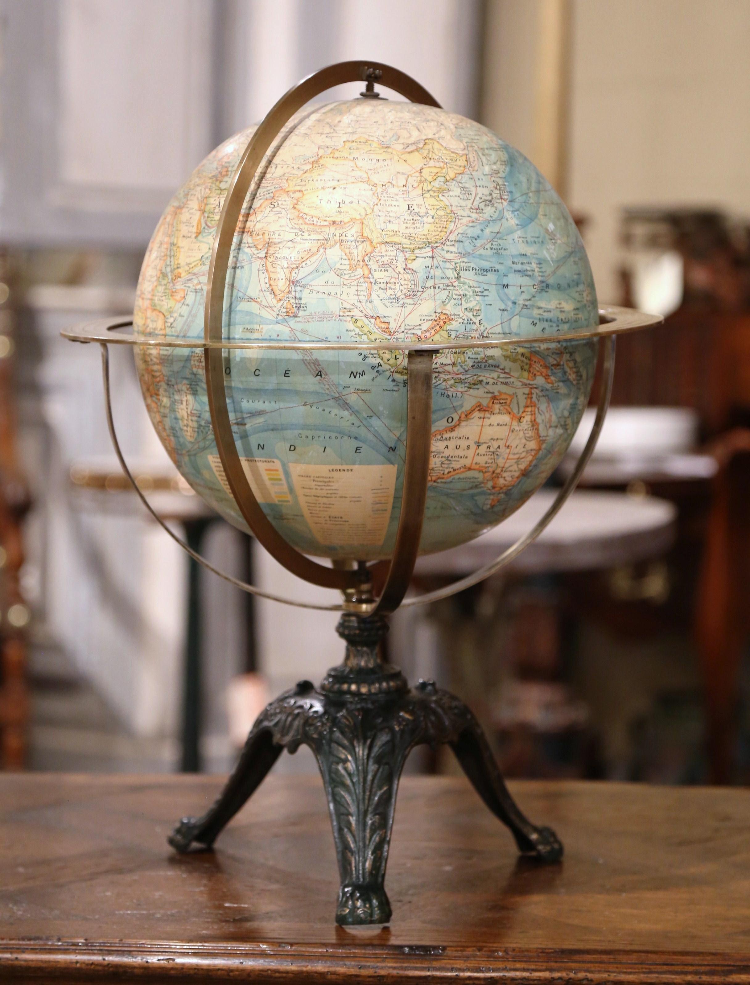 Early 20th Century French Terrestrial Globe with Brass Frame Signed Forest Paris 2
