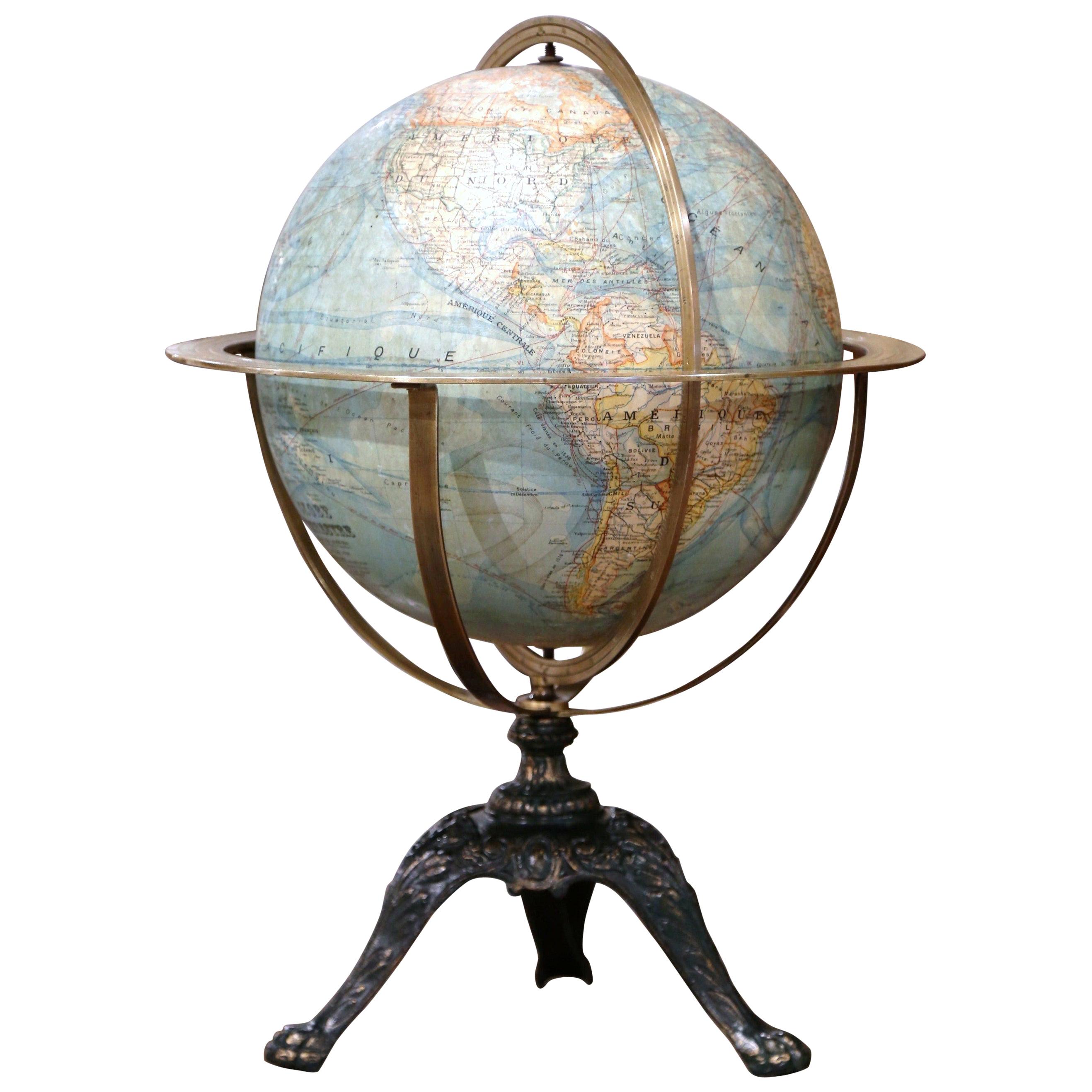 Early 20th Century French Terrestrial Globe with Brass Frame Signed Forest Paris