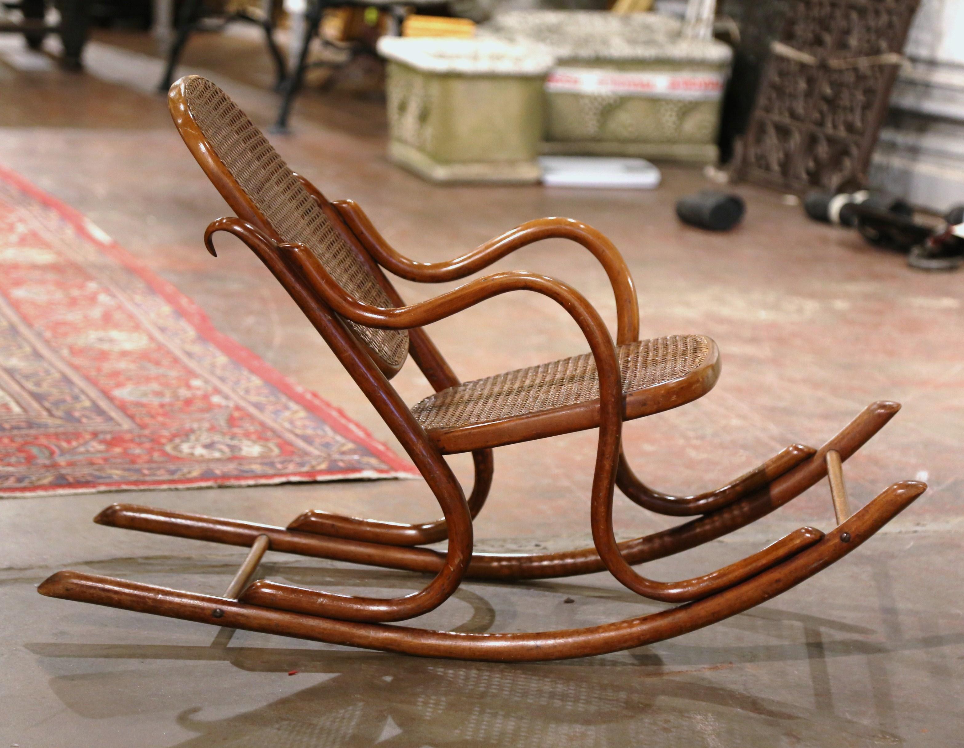 Art Deco Early 20th Century French Thonet Style Bentwood and Cane Child Rocking Chair For Sale