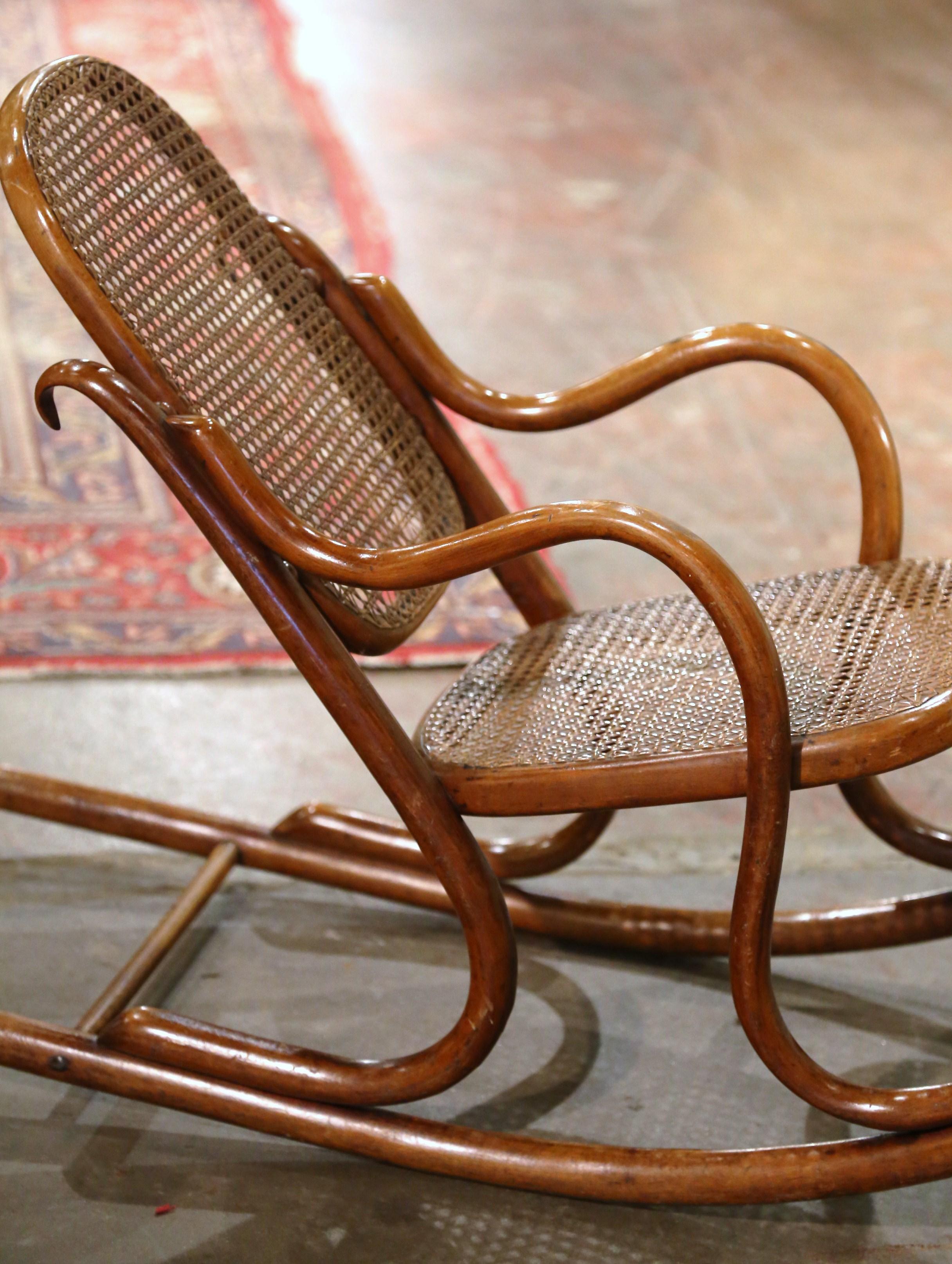 Hand-Crafted Early 20th Century French Thonet Style Bentwood and Cane Child Rocking Chair For Sale