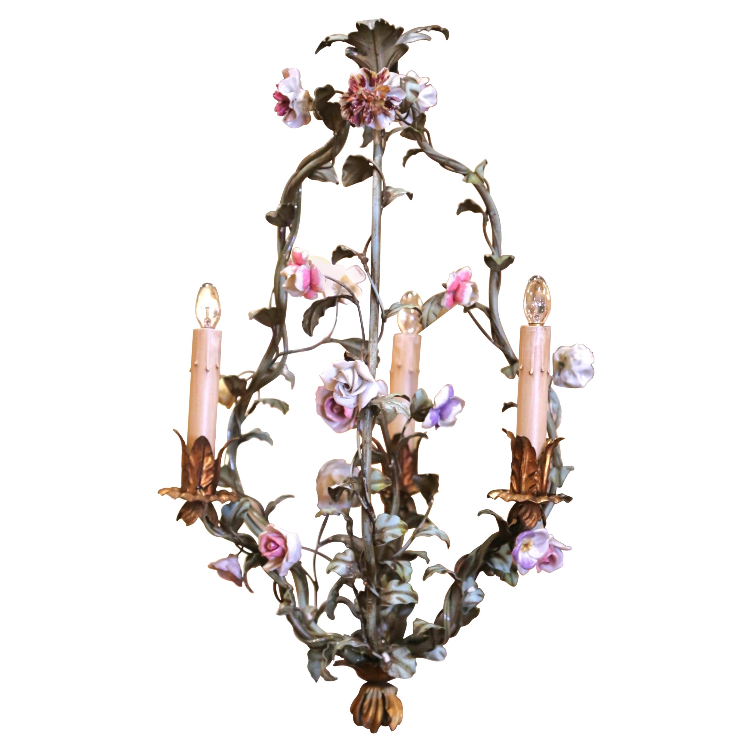 Early 20th Century French Three-Light Tole Chandelier with Porcelain Flowers