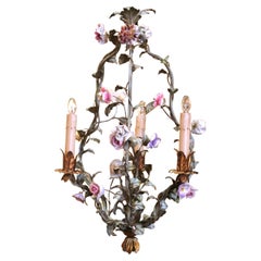 Early 20th Century French Three-Light Tole Chandelier with Porcelain Flowers