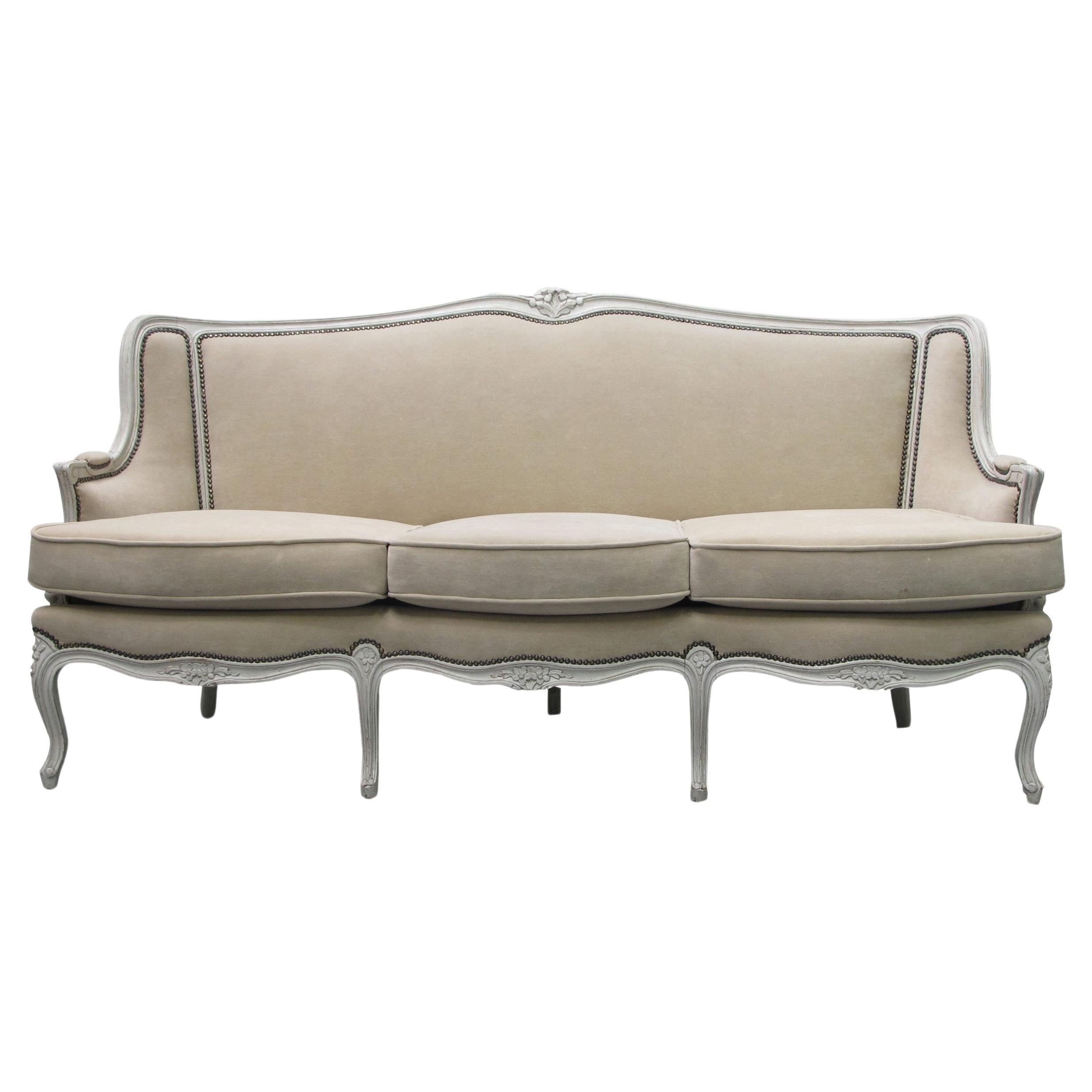 Early 20th Century French Three Seater Sofa, Louis XV Style With Painted Frame For Sale