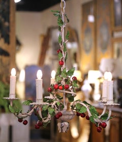 Early 20th Century French Tole Chandelier with Painted Metal Cherries and Leaves