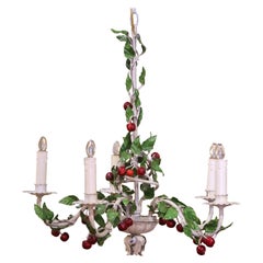 Early 20th Century French Tole Chandelier with Painted Metal Cherries and Leaves
