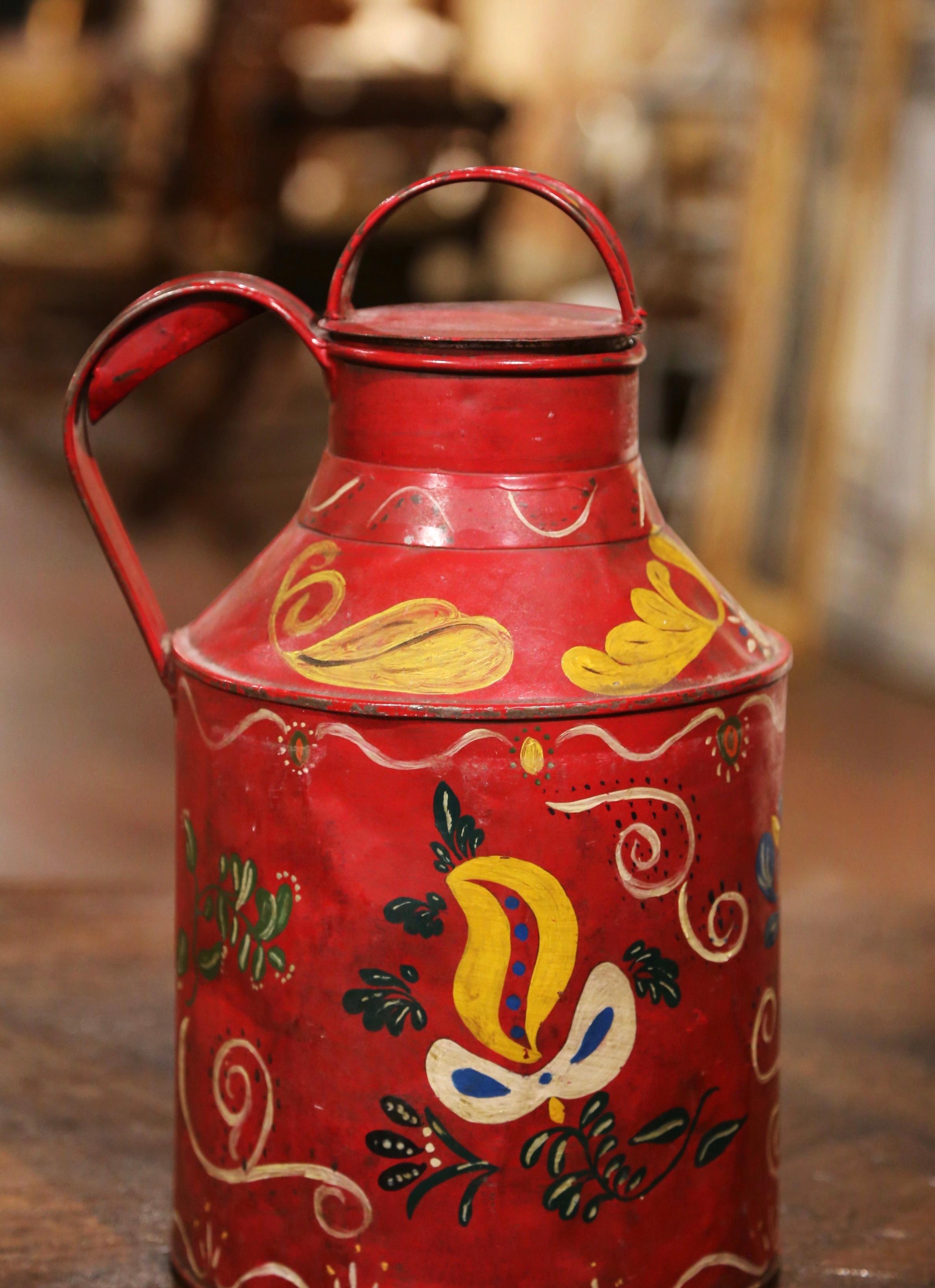 Country Early 20th Century French Tole Milk Can with Hand Painted Foliage Motifs