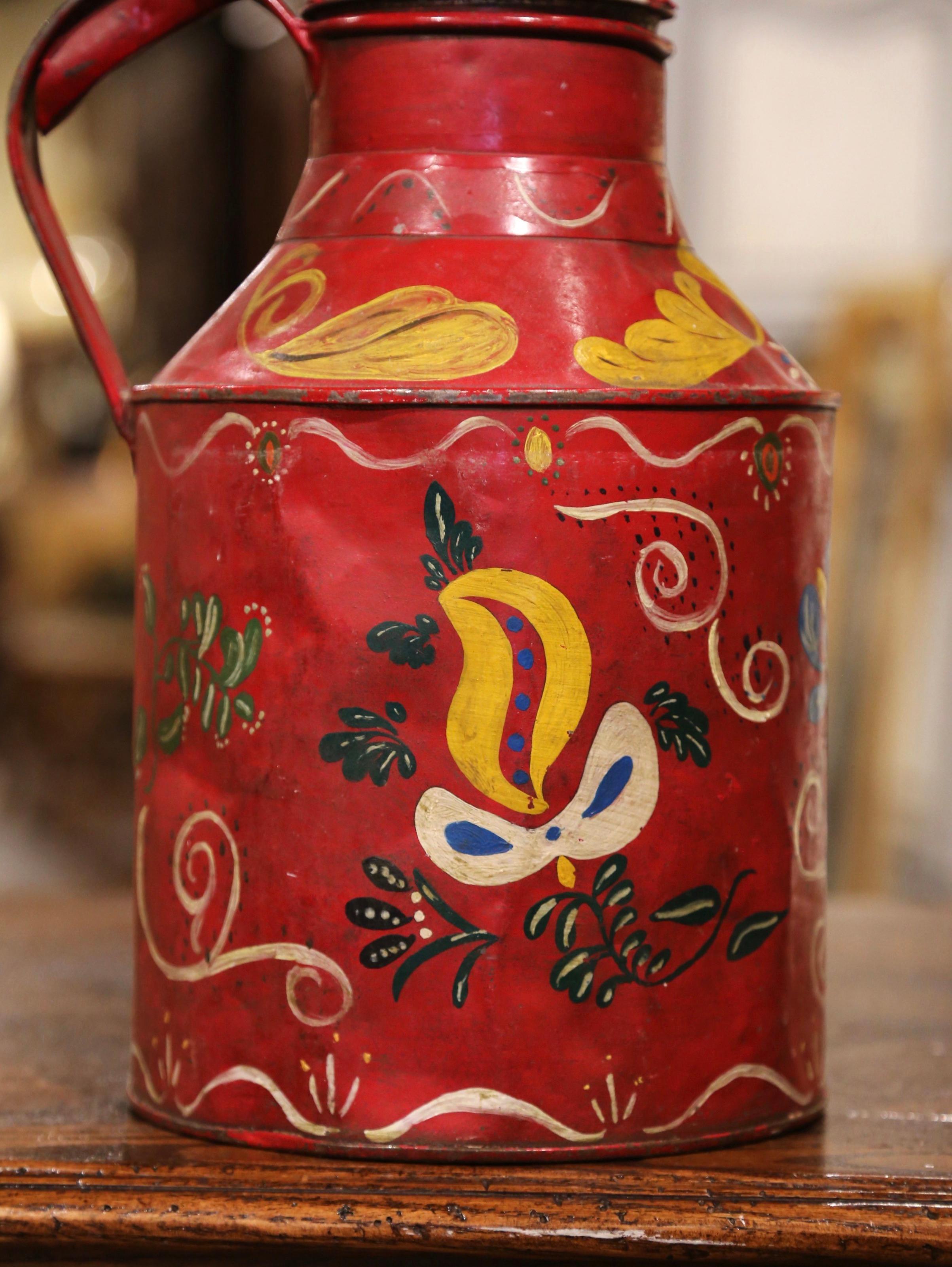 Hand-Crafted Early 20th Century French Tole Milk Can with Hand Painted Foliage Motifs