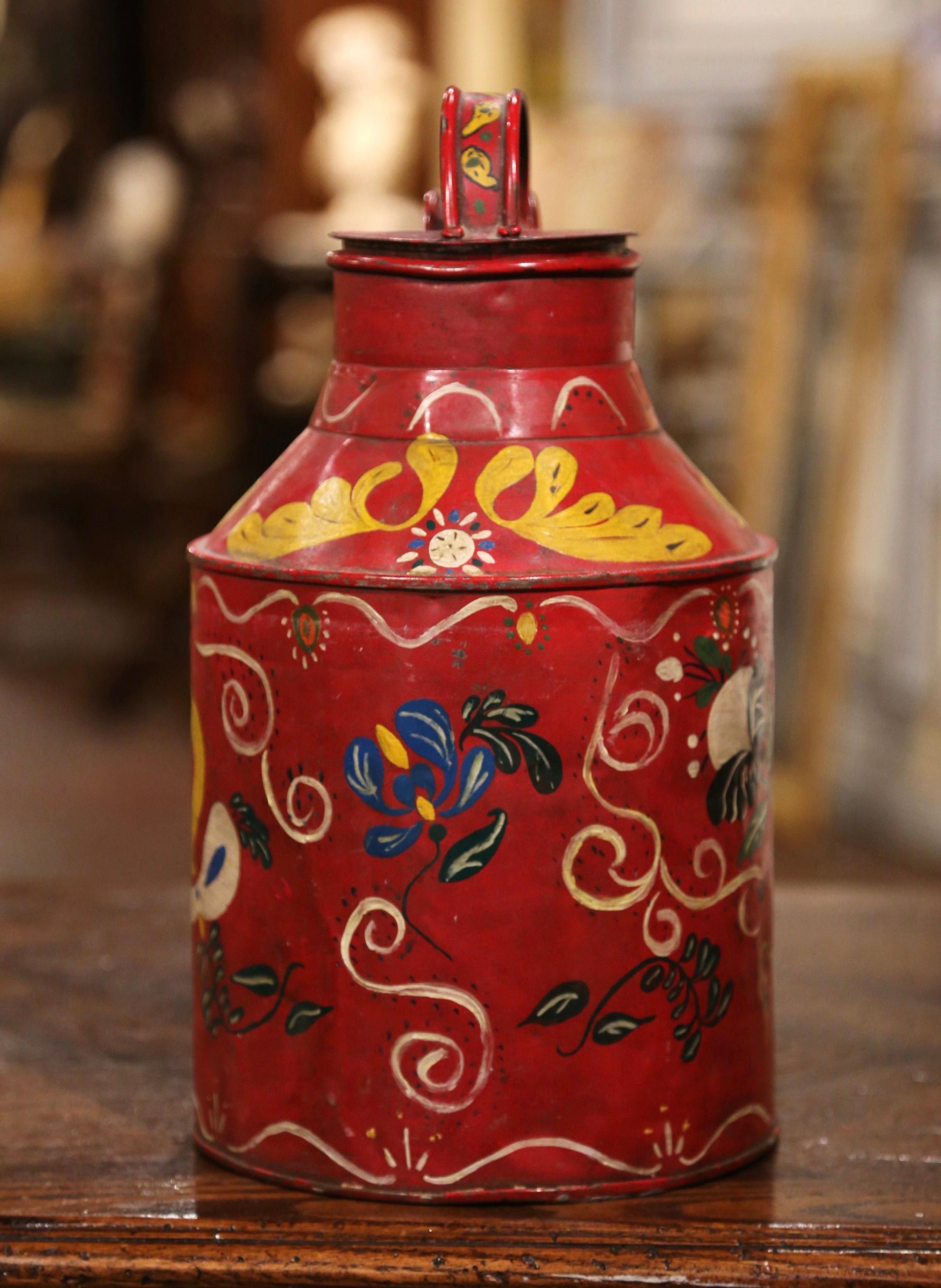 Metal Early 20th Century French Tole Milk Can with Hand Painted Foliage Motifs